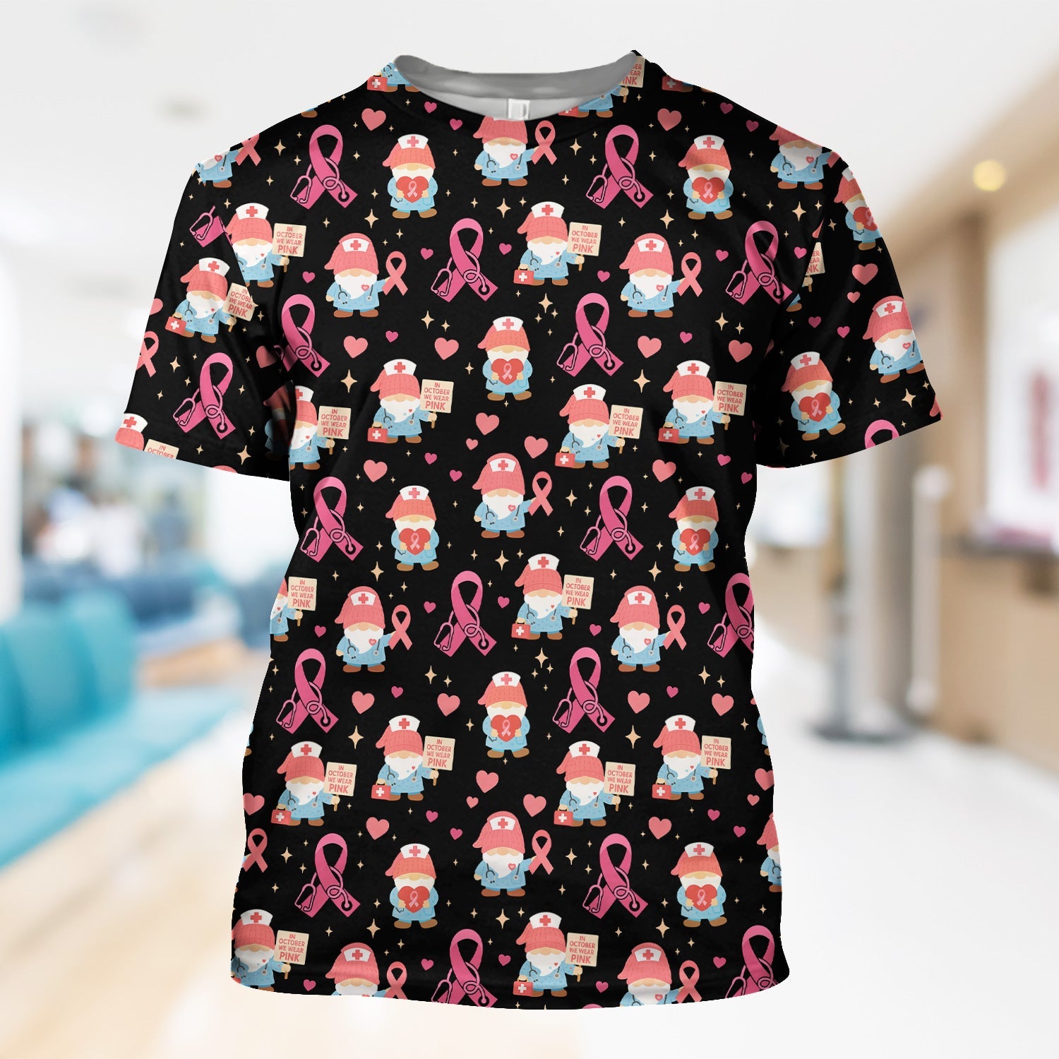 Pink Ribbon Nurse Shirt for Women - Cute Breast Cancer Awareness Gnome - Gift for Healthcare Workers RN LPN