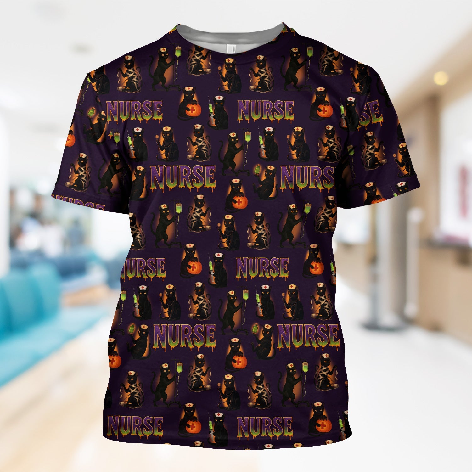 Halloween Nurse Shirt for Women - Black Cat with Pumpkin & IV Bag Design - Spooky Gift for RN LPN CNA