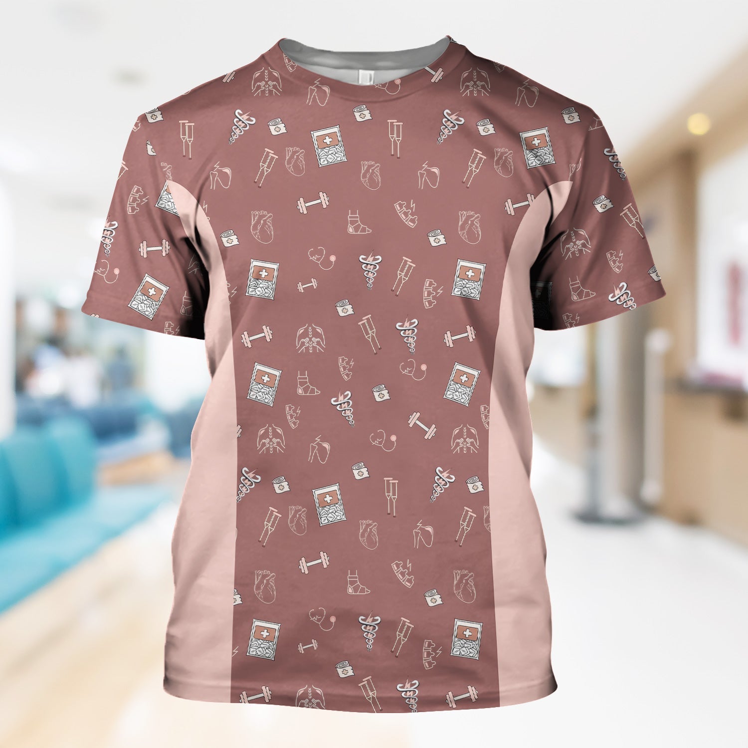 Funny Nurse Fitness Shirt - All-Over Print Medical & Gym Icons Graphic Tee - Gift for RN LPN CNA