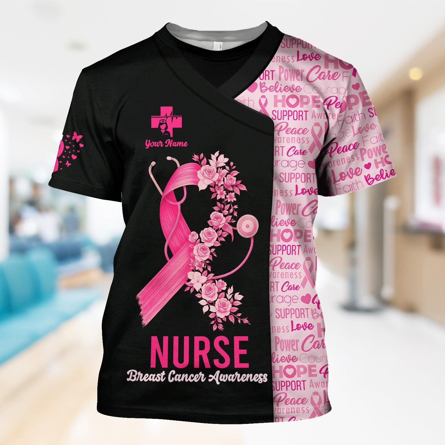 Custom Breast Cancer Awareness Nurse Shirt - Pink Ribbon Christian Faith Graphic Tee - Gift for CNA RN LPN