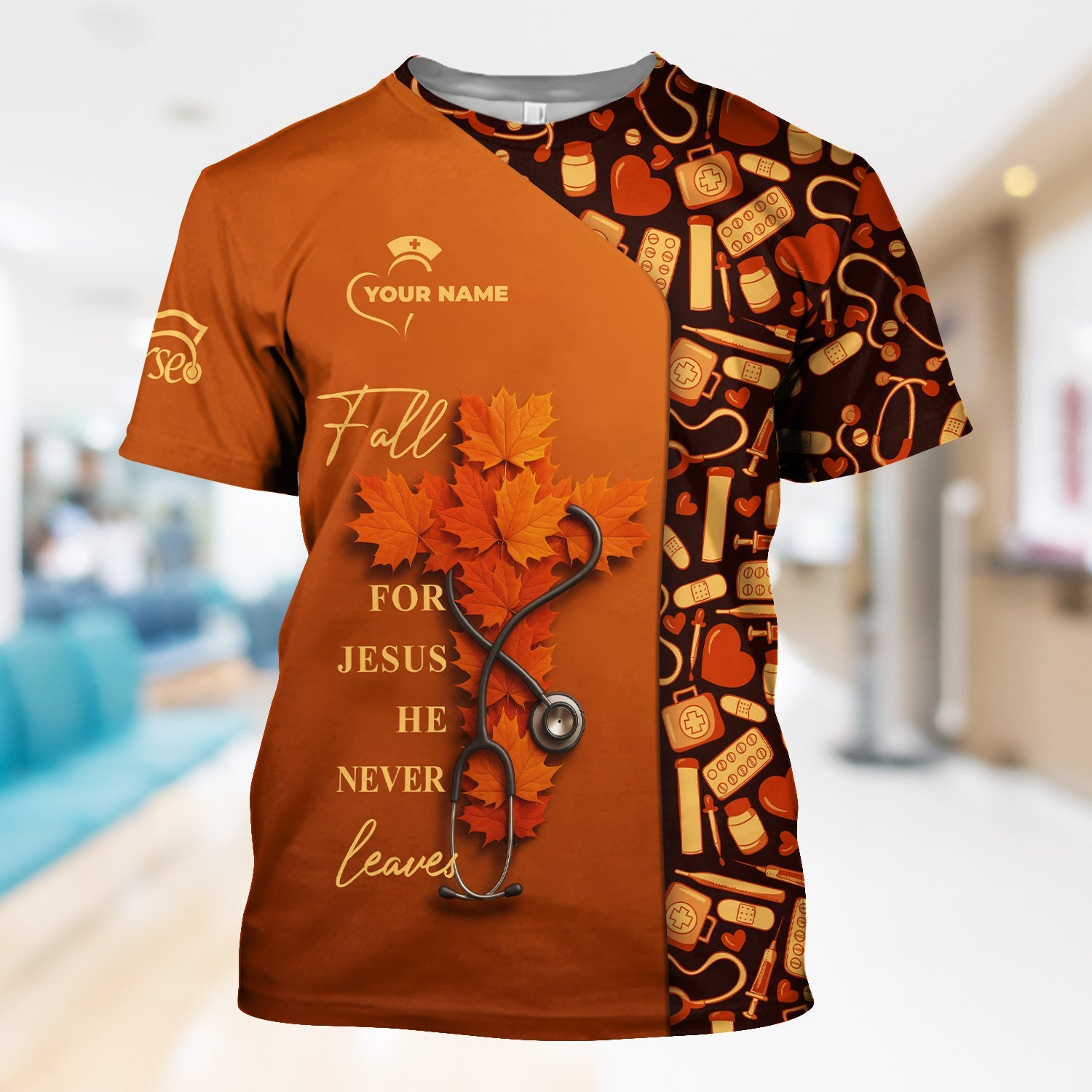Personalized Christian Fall Nurse Shirt - Fall For Jesus He Never Leaves - RN LPN CNA Healthcare Workers Gift