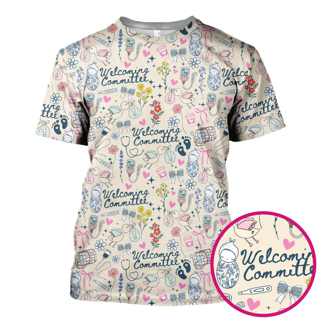 Funny NICU Nurse Tee - Cute Baby Feet & Floral Stork Pattern Graphic - Gift for Women RN LPN