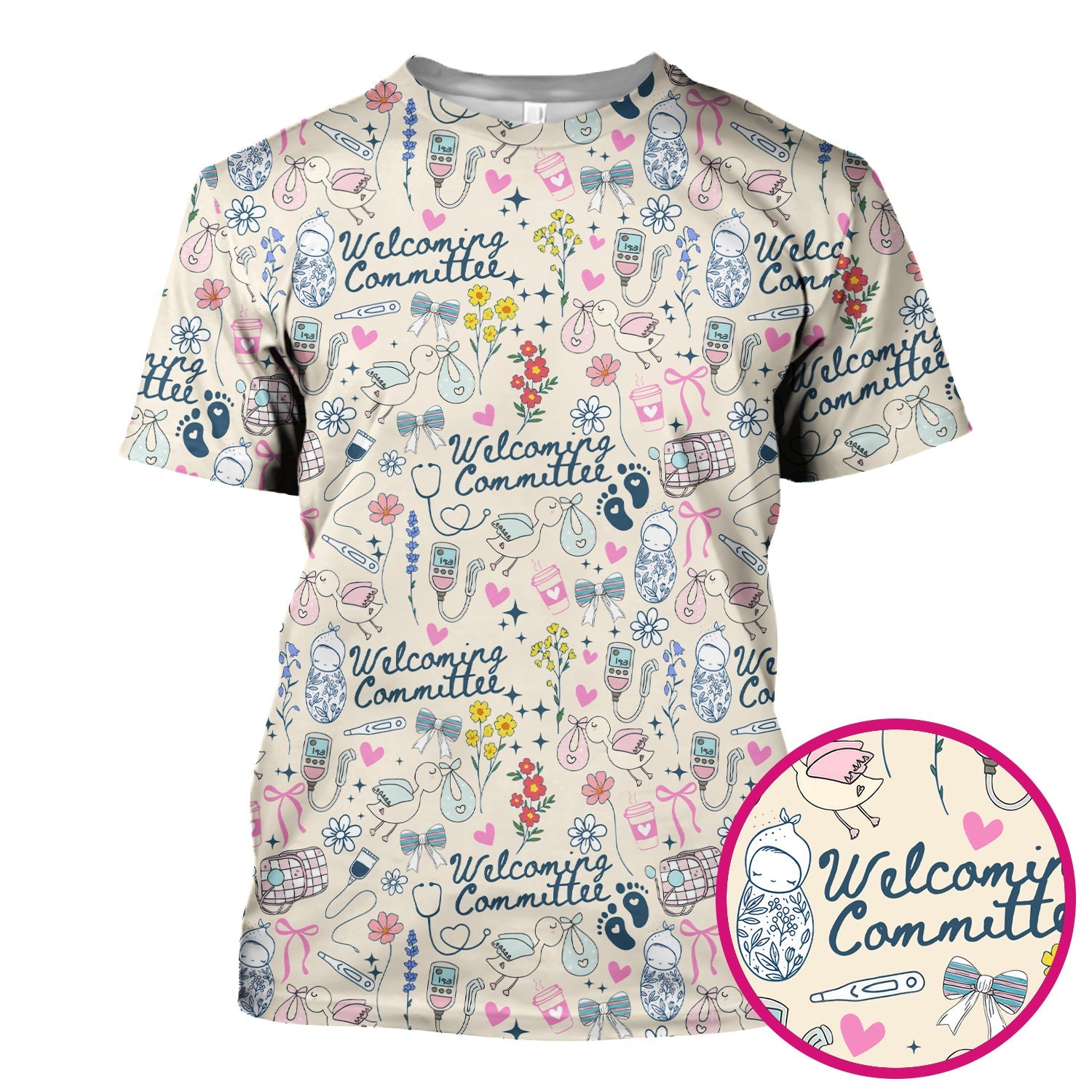Funny NICU Nurse Tee - Cute Baby Feet & Floral Stork Pattern Graphic - Gift for Women RN LPN