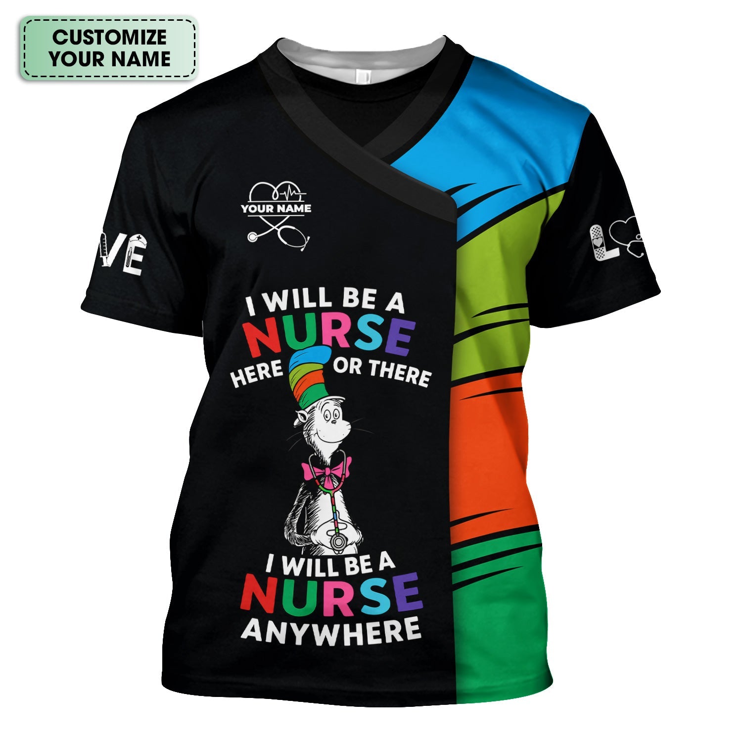 Custom Funny Shirt for Nurses - Cartoon Cat in a Striped Hat Graphic - Gift for Women RN LPN & Nursing Students