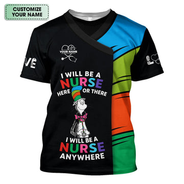 Custom Funny Shirt for Nurses - Cartoon Cat in a Striped Hat Graphic - Gift for Women RN LPN & Nursing Students