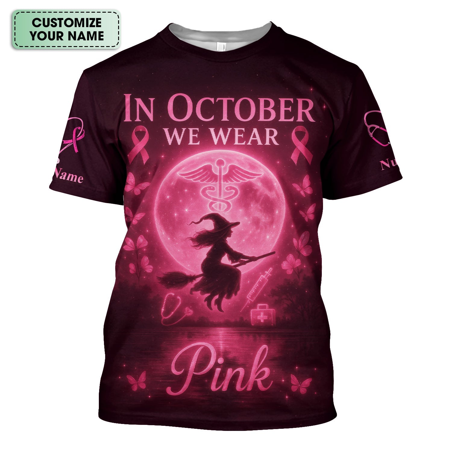 Custom Pink Ribbon Nurse Shirt for Women - Breast Cancer Awareness Halloween Tee - Gift for RN LPN CNA