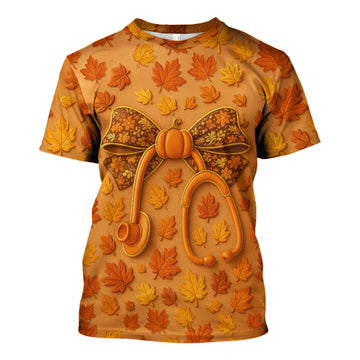 Autumn Pumpkin Nurse Shirt - Fall Leaves Stethoscope Medical Tee - CNA RN LPN Healthcare Worker Gift