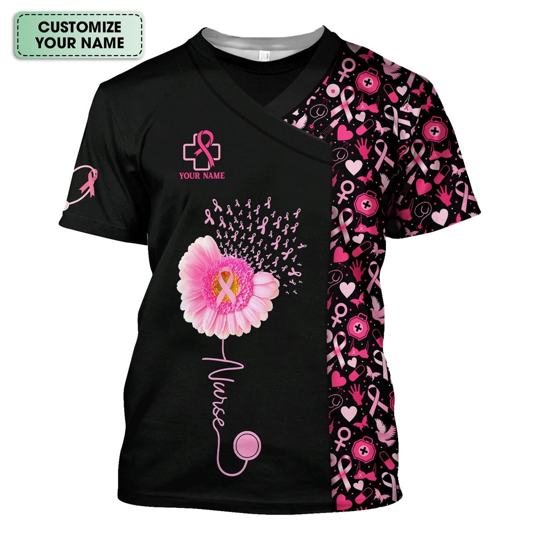 Custom Nurse Breast Cancer Awareness Shirt - Pink Gerbera Daisy & Ribbon Graphic Tee - Gift for Women RN LPN