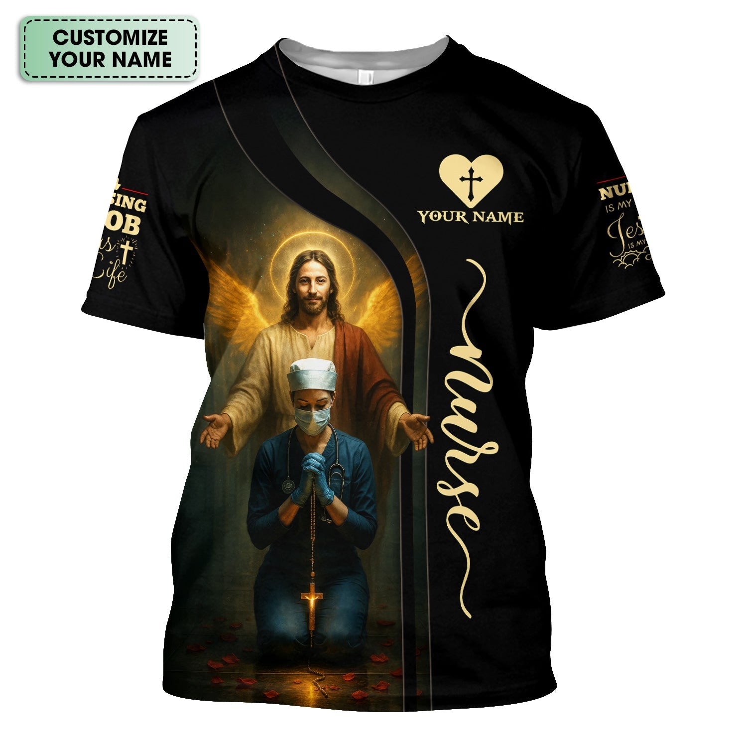 Personalized Christian Nurse Shirt - Jesus and Praying Nurse with Rosary Design - RN LPN CNA Healthcare Workers Gift