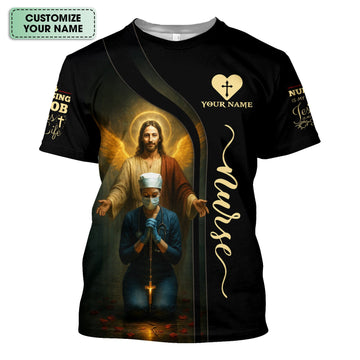 Personalized Christian Nurse Shirt - Jesus and Praying Nurse with Rosary Design - RN LPN CNA Healthcare Workers Gift