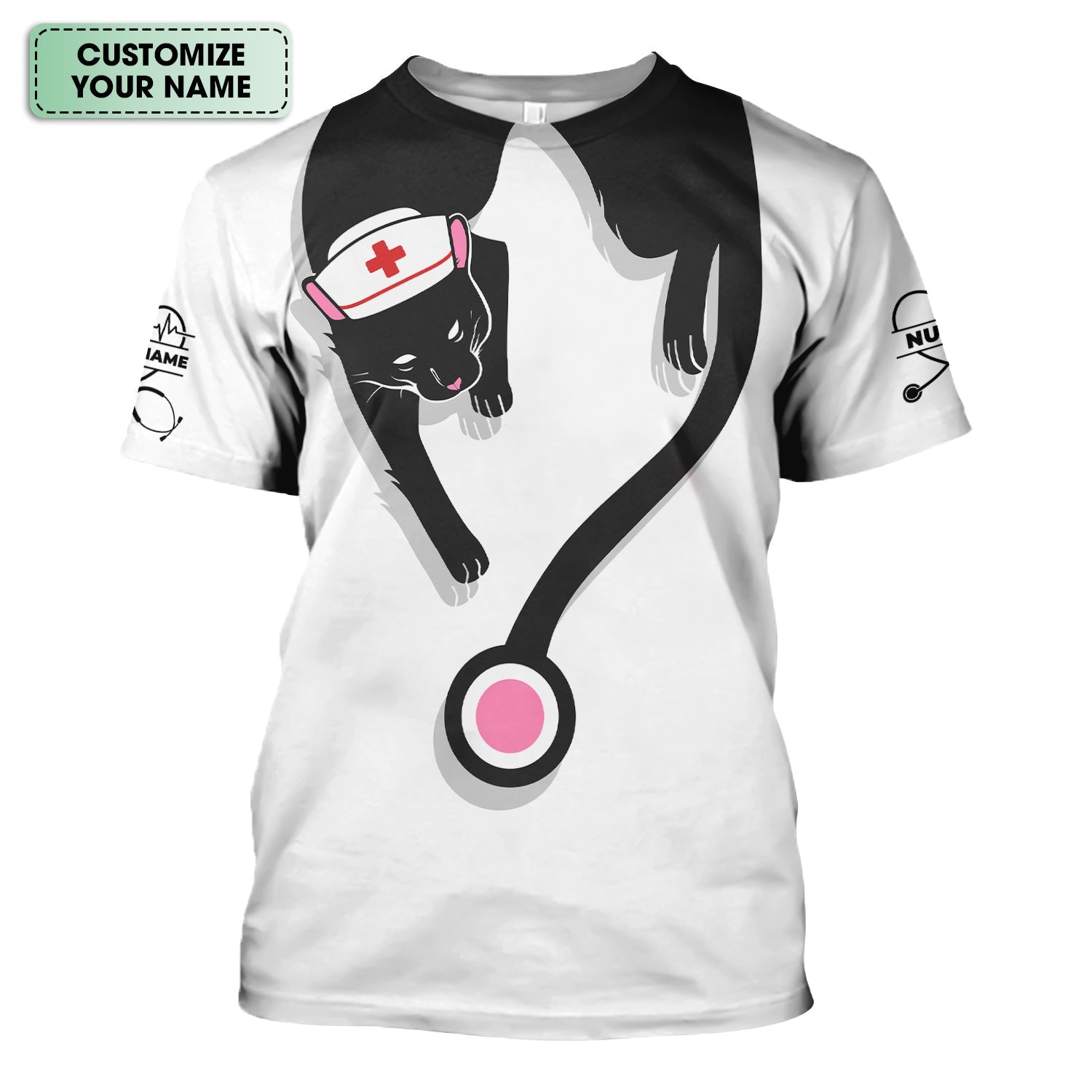 Personalized Black Cat Nurse Shirt - Funny Cat Lover Medical Tee for Women - Gift for RN LPN CNA