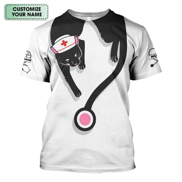 Personalized Black Cat Nurse Shirt - Funny Cat Lover Medical Tee for Women - Gift for RN LPN CNA