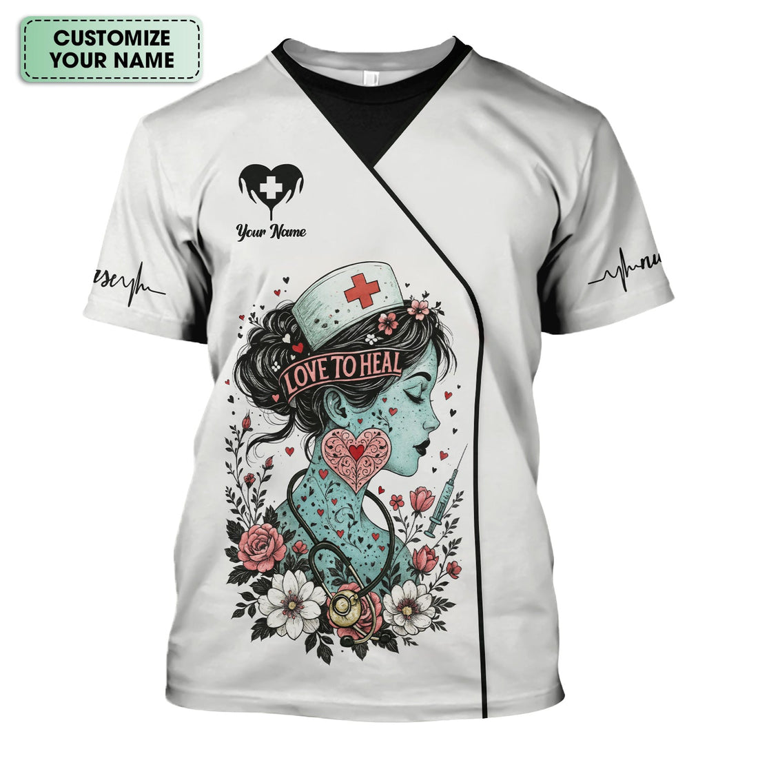 Custom Artistic Nurse Floral Shirt - Vintage Tattoo Style Graphic with Stethoscope Design - Gift for Women RN, LPN, CNA