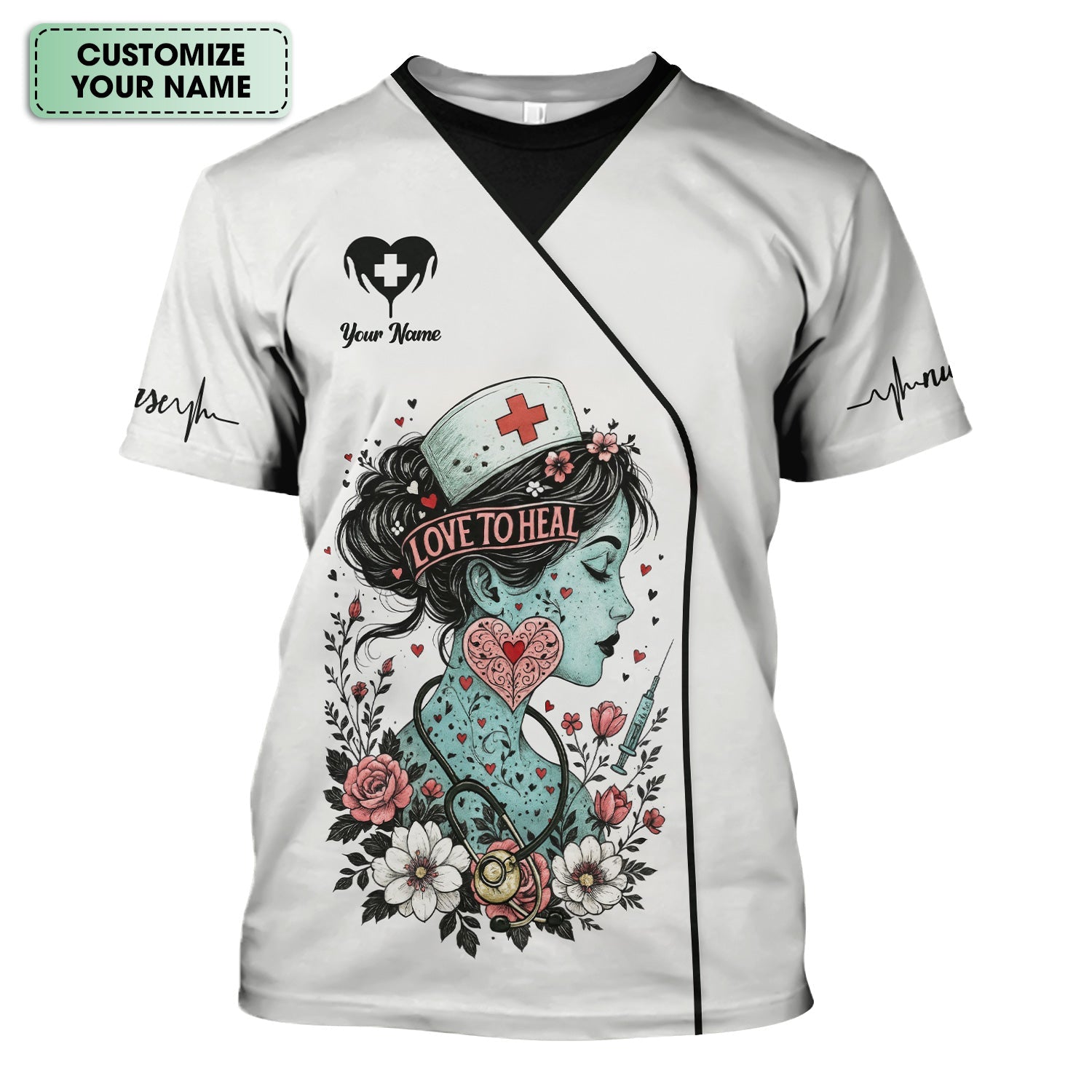 Custom Artistic Nurse Floral Shirt - Vintage Tattoo Style Graphic with Stethoscope Design - Gift for Women RN, LPN, CNA
