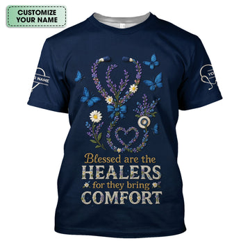 Blessed Are the Healers Nurse T-Shirt - Floral Stethoscope Shirt for Nurses - Inspirational Comfort Workwear Gift Tee