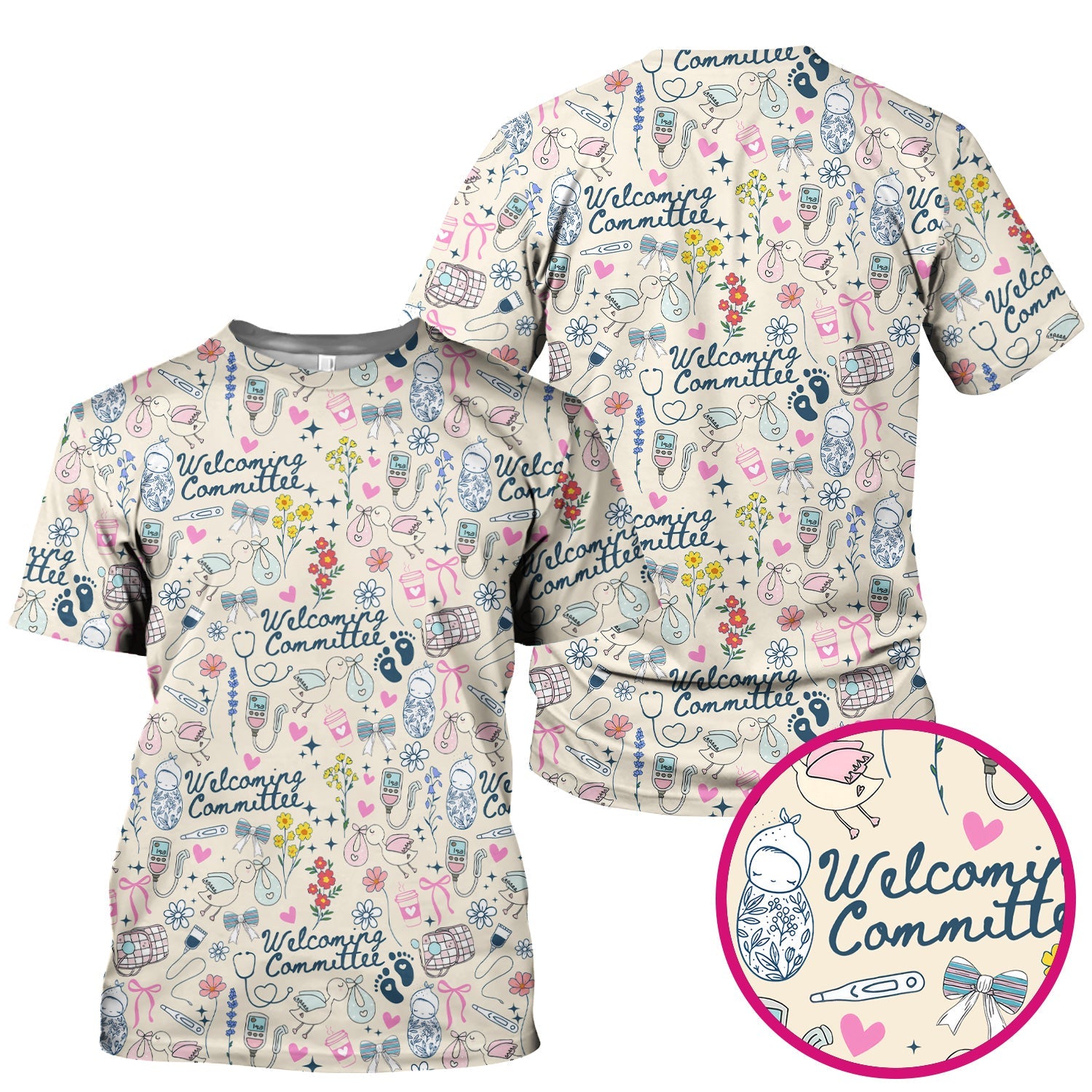 Funny NICU Nurse Tee - Cute Baby Feet & Floral Stork Pattern Graphic - Gift for Women RN LPN