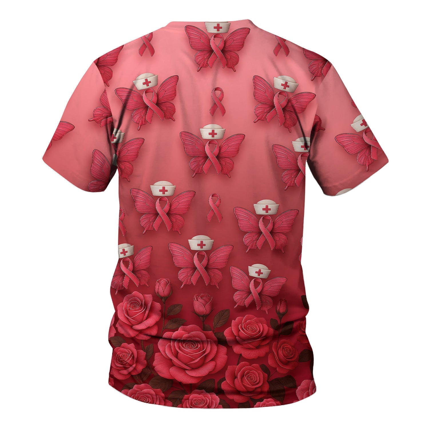 Custom Breast Cancer Awareness Nurse Shirt - Pink Ribbon Butterfly Nurse & Rose Floral Design - RN LPN CNA Gift