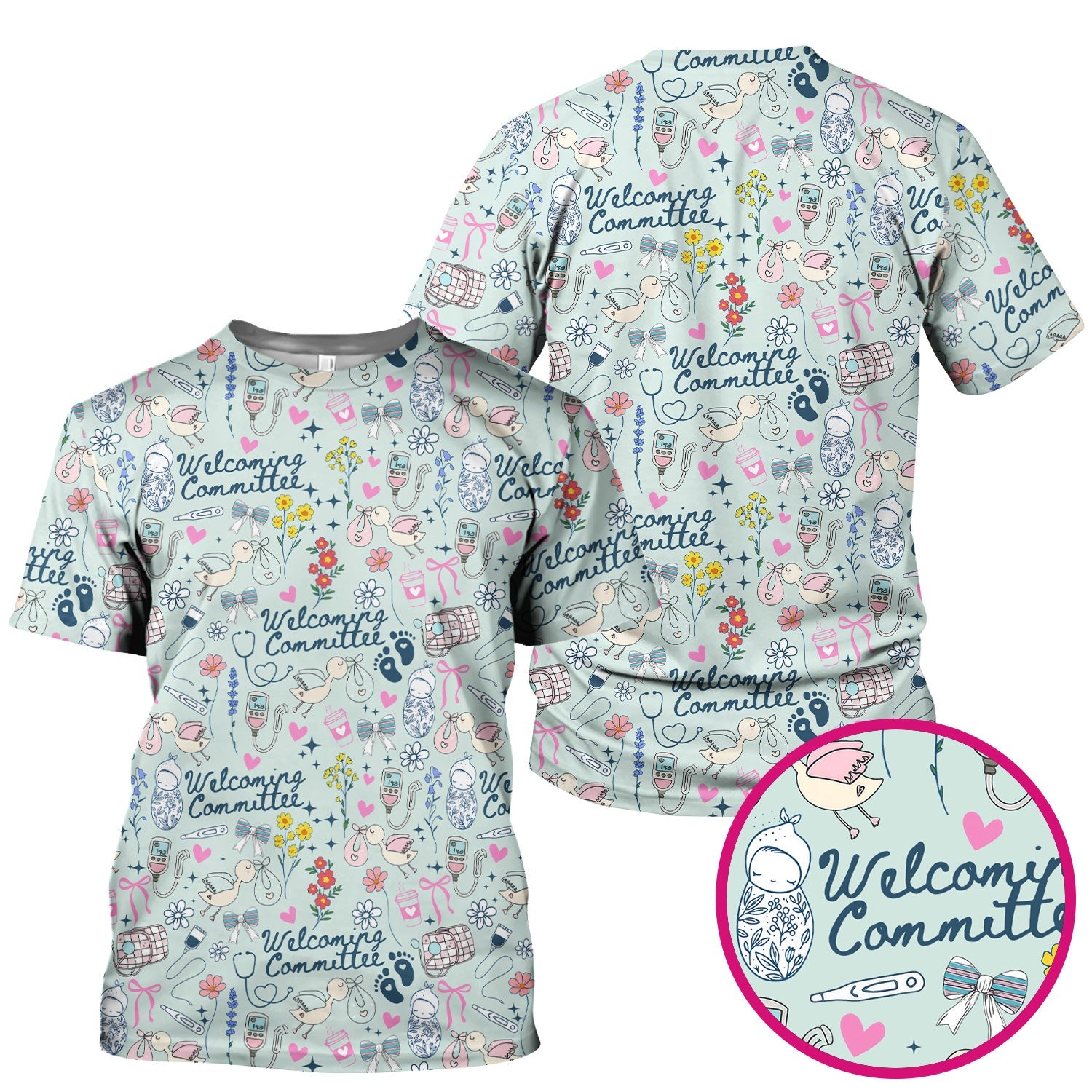 Funny NICU Nurse Tee - Cute Baby Feet & Floral Stork Pattern Graphic - Gift for Women RN LPN