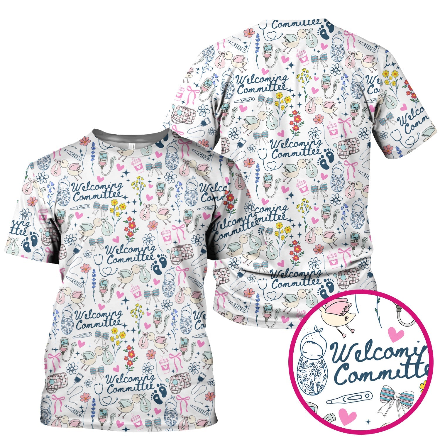 Funny NICU Nurse Tee - Cute Baby Feet & Floral Stork Pattern Graphic - Gift for Women RN LPN