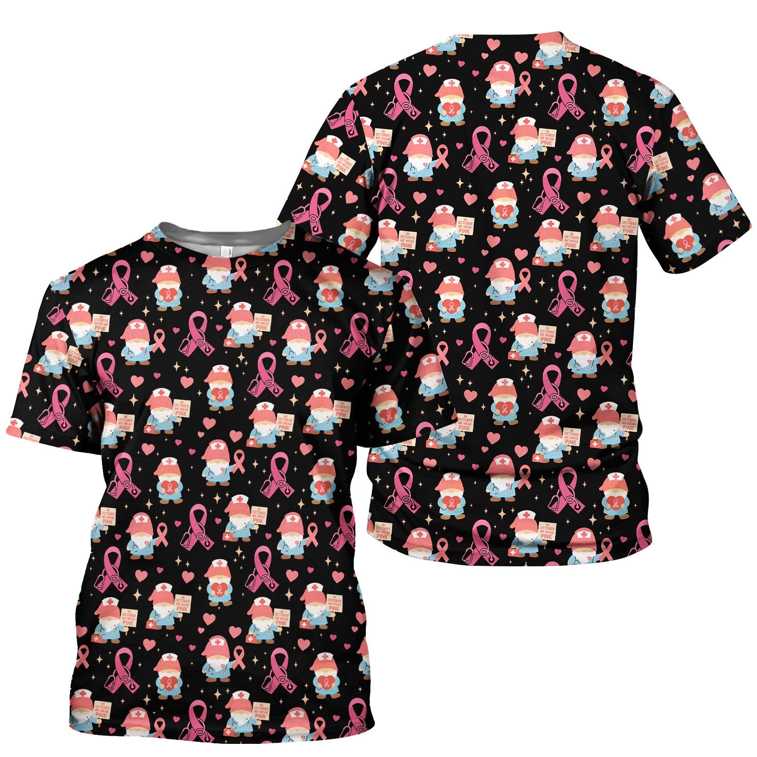 Pink Ribbon Nurse Shirt for Women - Cute Breast Cancer Awareness Gnome - Gift for Healthcare Workers RN LPN