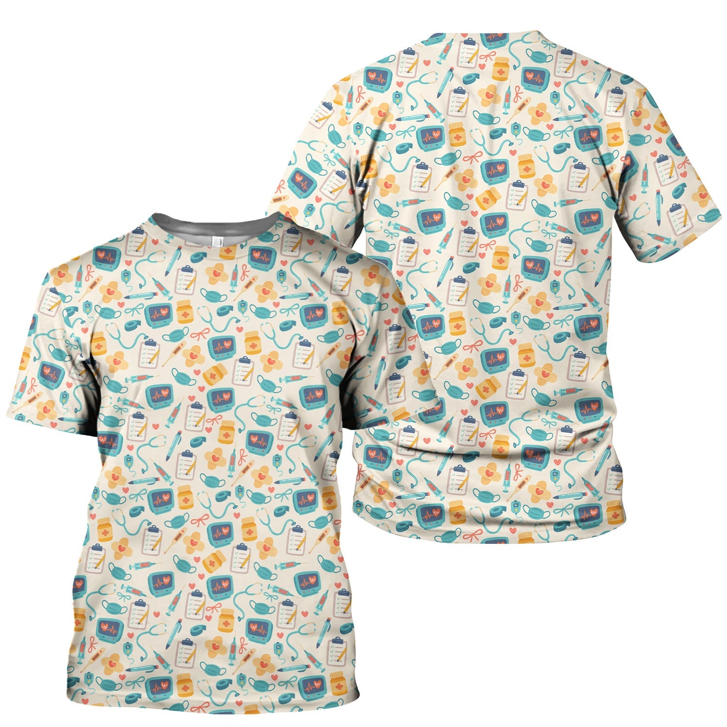 Funny Nurse Shirt with Medical Icons - Stethoscope Mask & Pills Graphic Tee - Gift for Women RN LPN CNA Workers