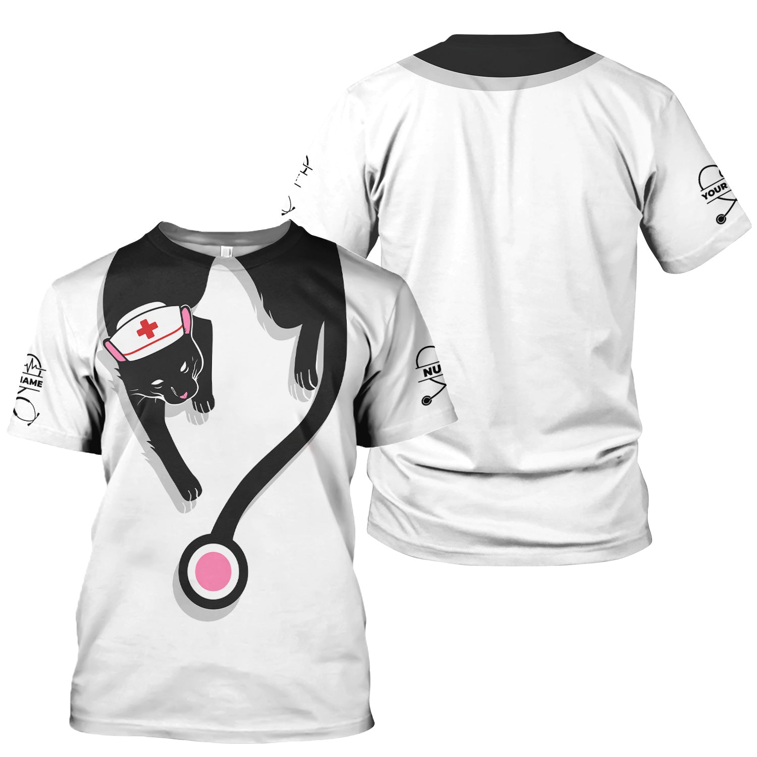 Personalized Black Cat Nurse Shirt - Funny Cat Lover Medical Tee for Women - Gift for RN LPN CNA