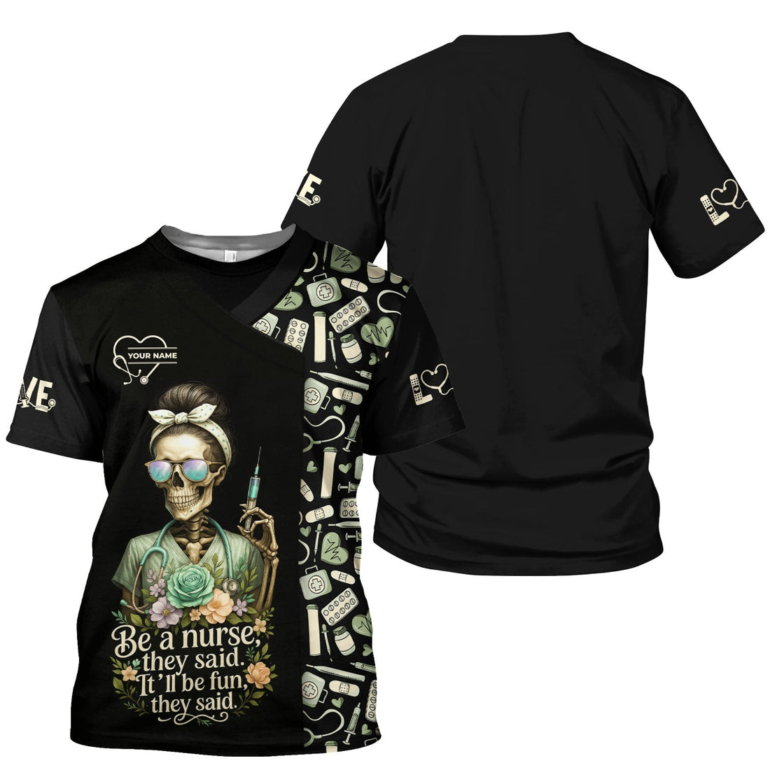 Personalized Skeleton Nurse Shirt - Messy Bun Hair & Leopard Print Graphic Tee - Gift for Women CNA & Healthcare Workers