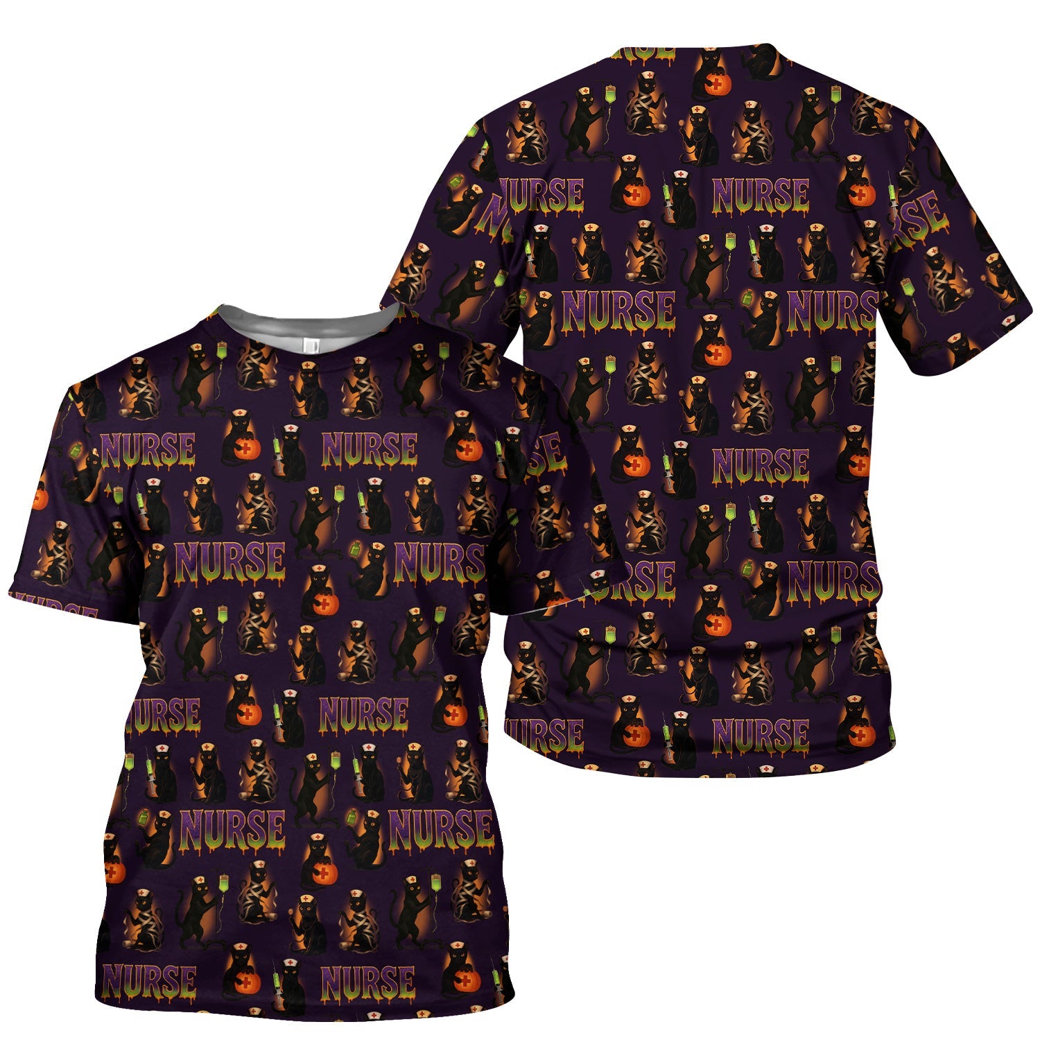 Halloween Nurse Shirt for Women - Black Cat with Pumpkin & IV Bag Design - Spooky Gift for RN LPN CNA