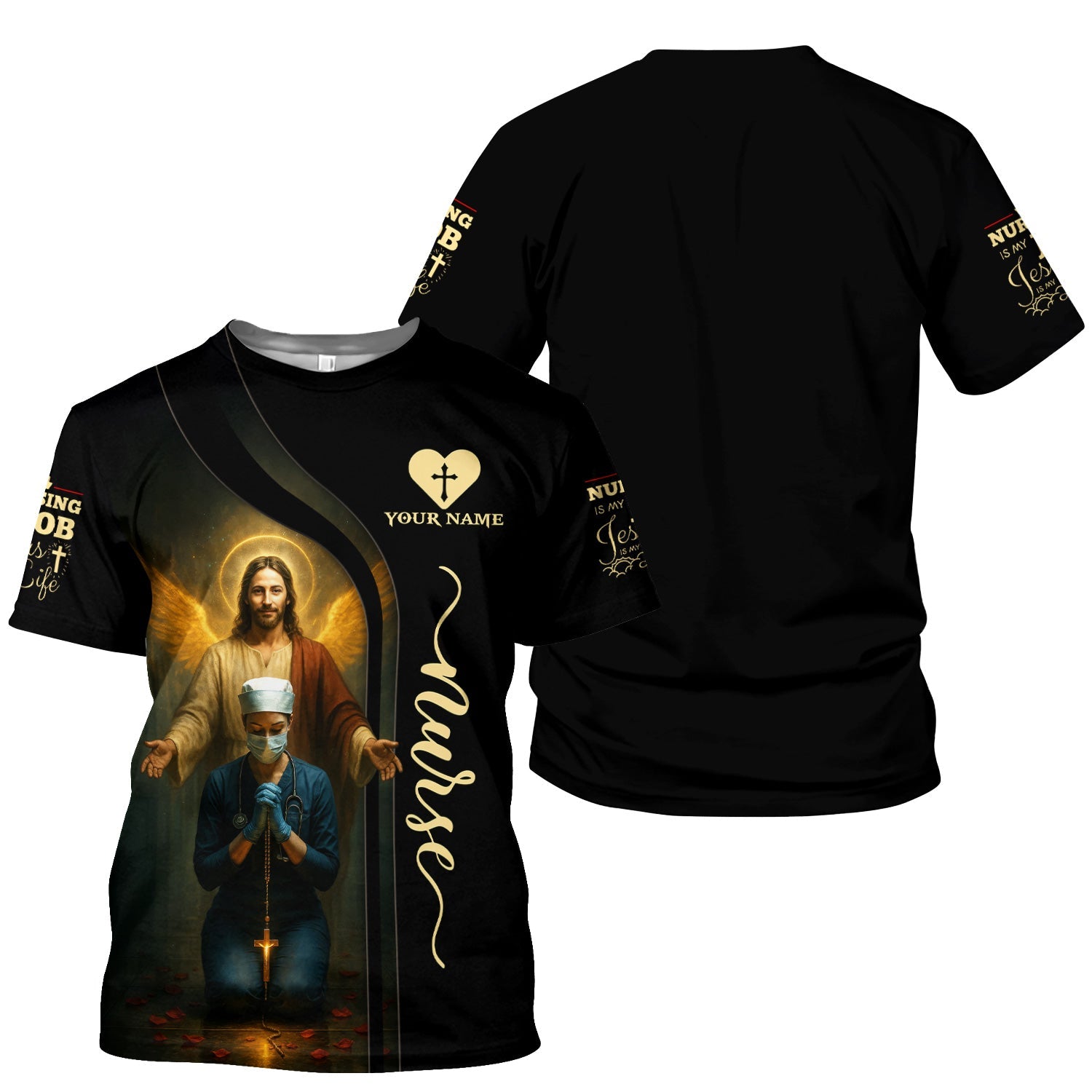 Personalized Christian Nurse Shirt - Jesus and Praying Nurse with Rosary Design - RN LPN CNA Healthcare Workers Gift