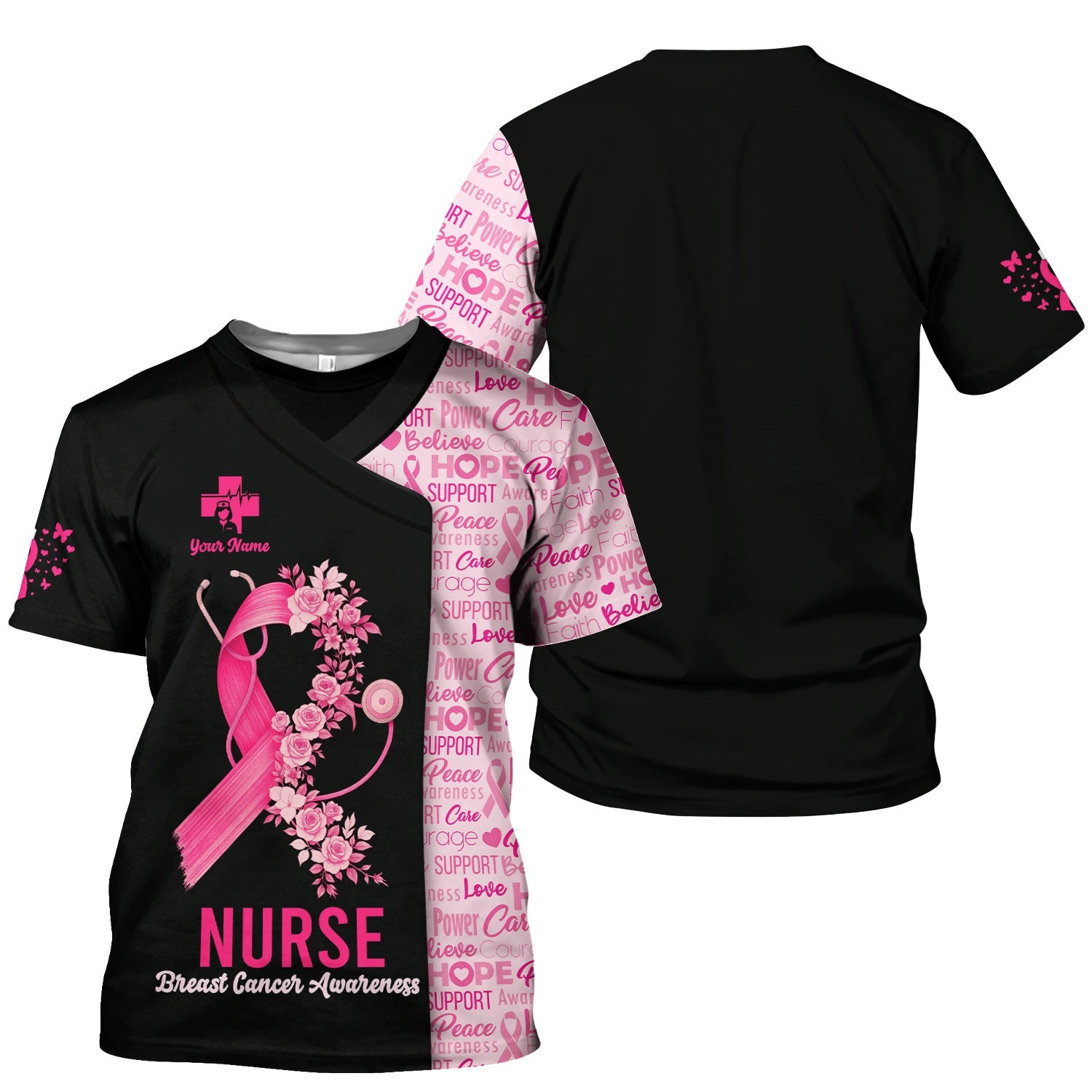 Custom Breast Cancer Awareness Nurse Shirt - Pink Ribbon Christian Faith Graphic Tee - Gift for CNA RN LPN