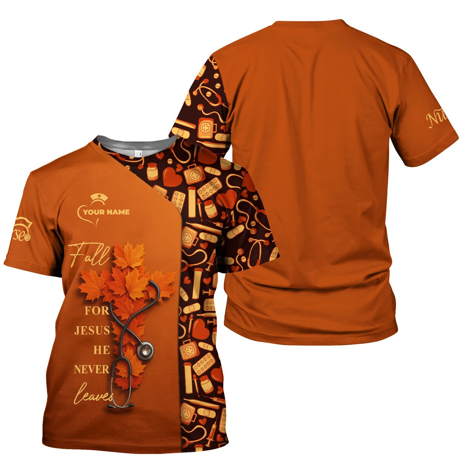 Personalized Christian Fall Nurse Shirt - Fall For Jesus He Never Leaves - RN LPN CNA Healthcare Workers Gift