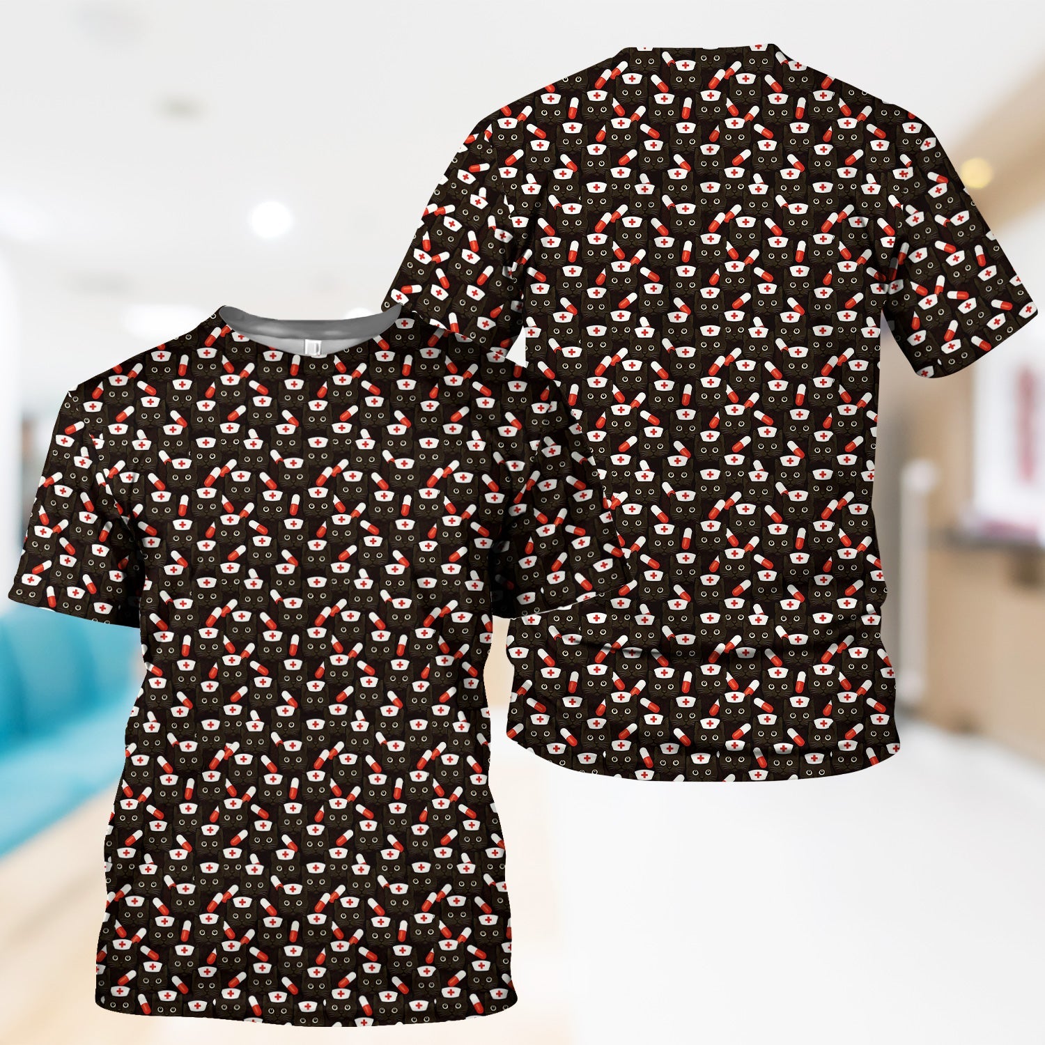 Personalized Nurse Shirt for Women - Cute Cat Pattern with Pills Design - Gift for RN LPN CNA