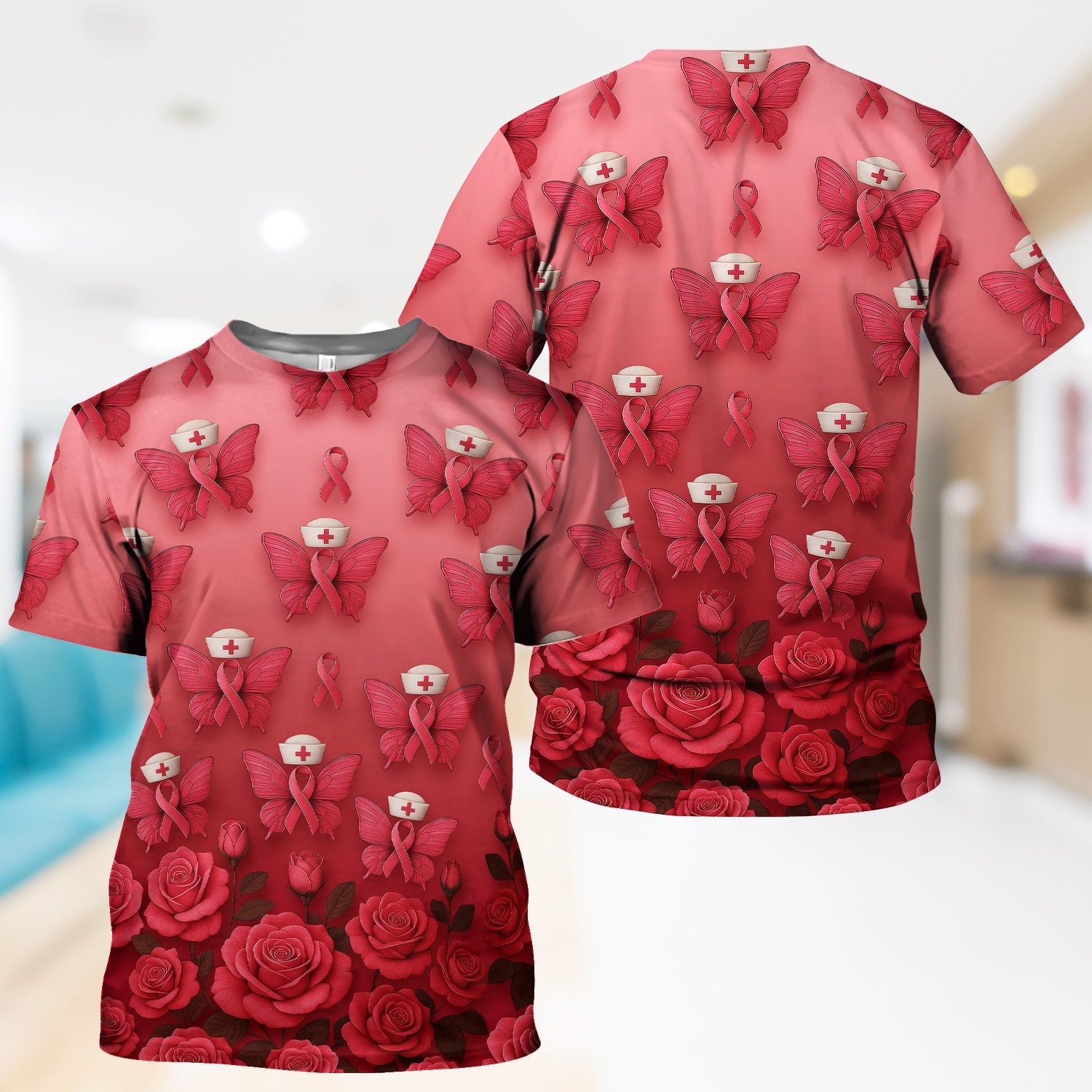 Custom Breast Cancer Awareness Nurse Shirt - Pink Ribbon Butterfly Nurse & Rose Floral Design - RN LPN CNA Gift