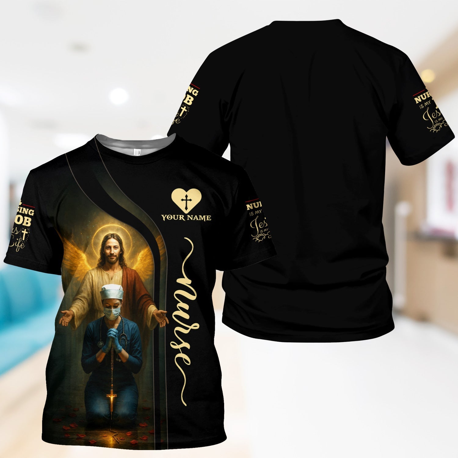 Personalized Christian Nurse Shirt - Jesus and Praying Nurse with Rosary Design - RN LPN CNA Healthcare Workers Gift