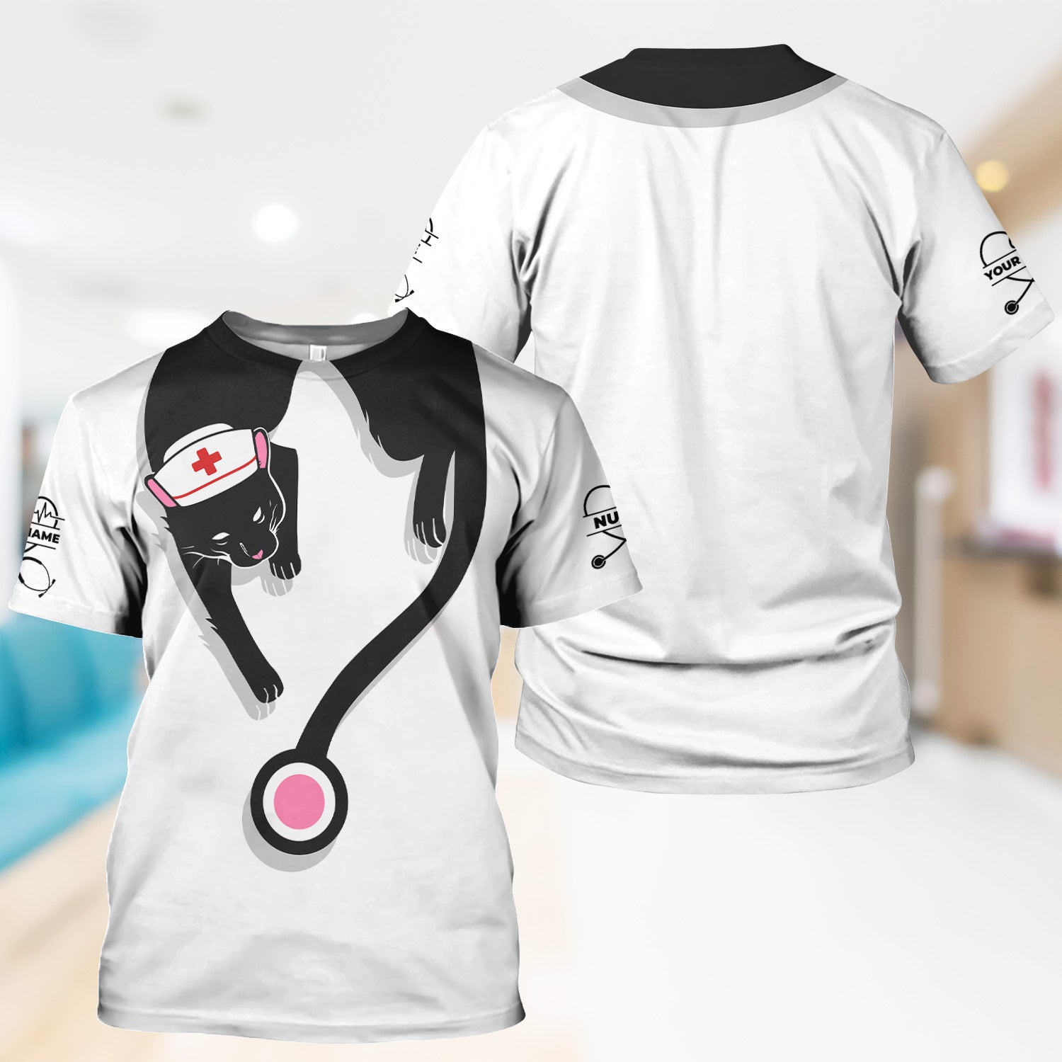 Personalized Black Cat Nurse Shirt - Funny Cat Lover Medical Tee for Women - Gift for RN LPN CNA