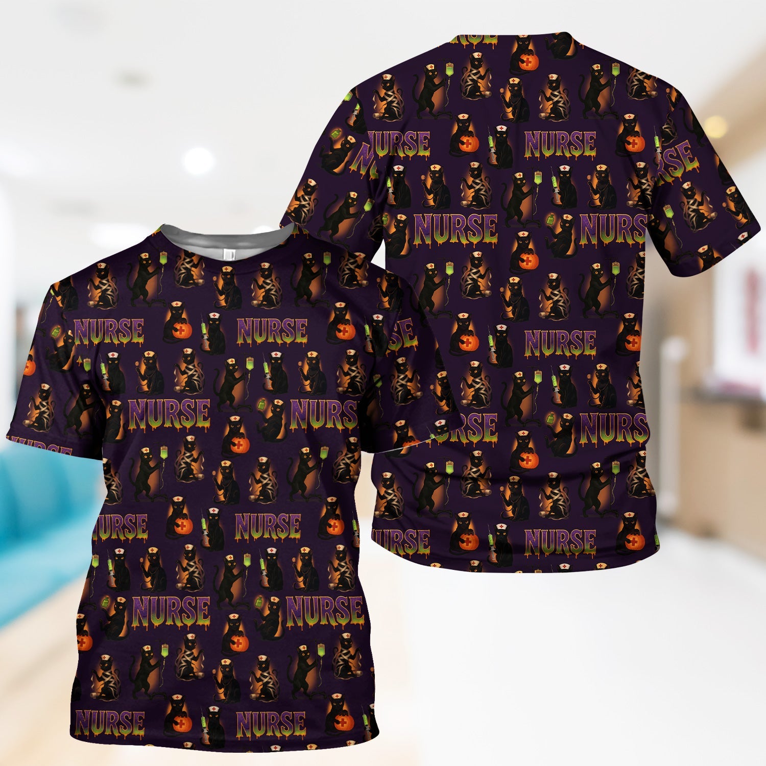 Halloween Nurse Shirt for Women - Black Cat with Pumpkin & IV Bag Design - Spooky Gift for RN LPN CNA