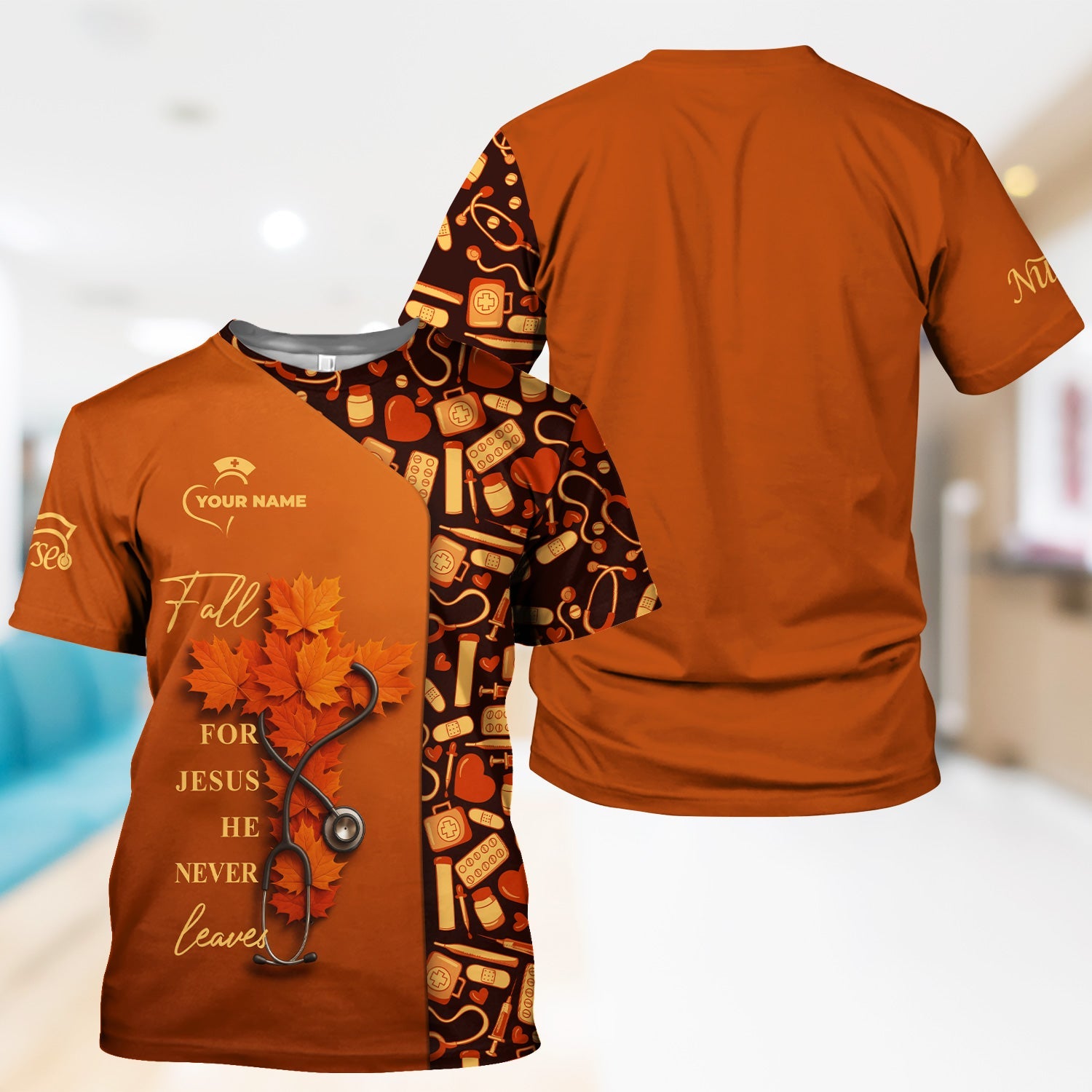 Personalized Christian Fall Nurse Shirt - Fall For Jesus He Never Leaves - RN LPN CNA Healthcare Workers Gift