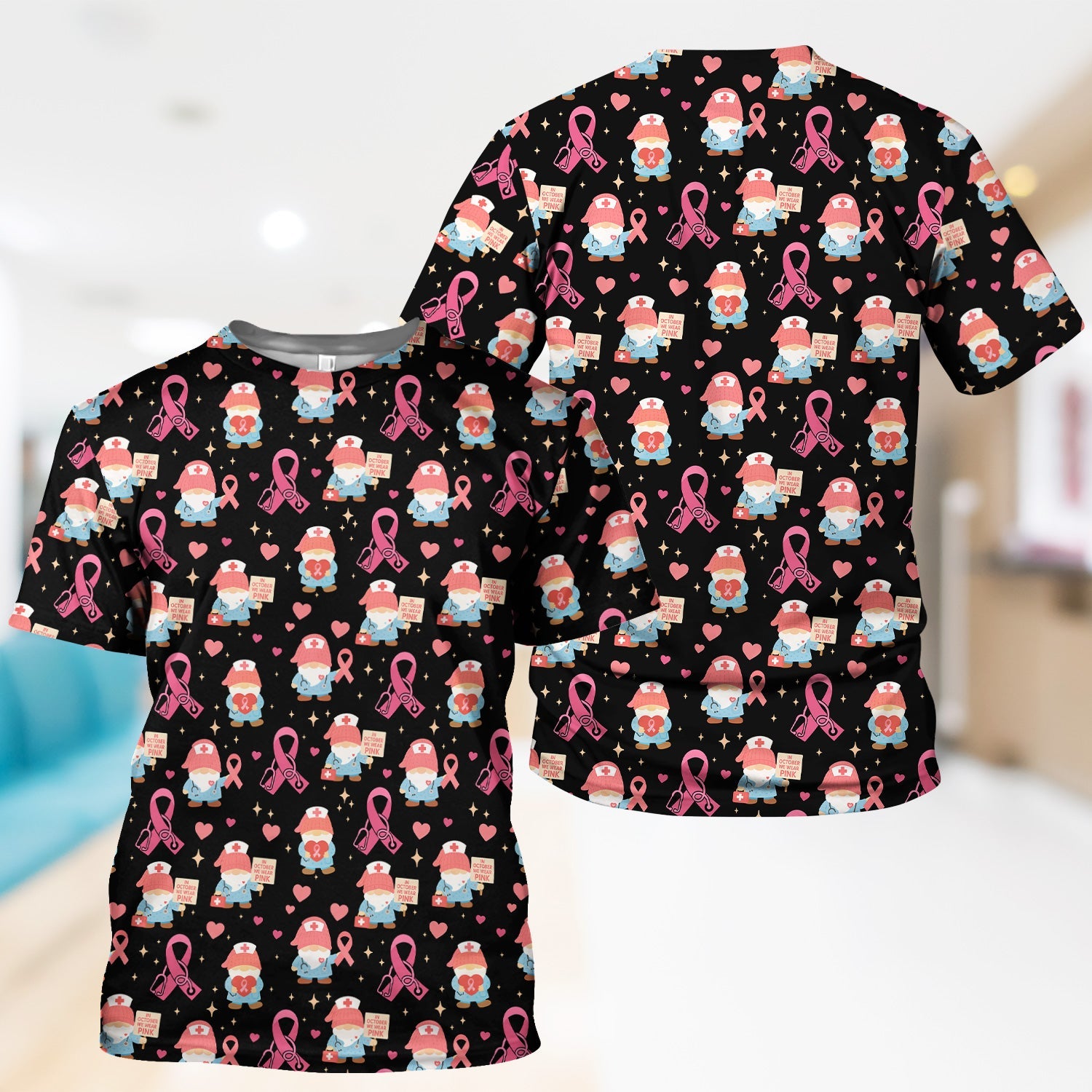 Pink Ribbon Nurse Shirt for Women - Cute Breast Cancer Awareness Gnome - Gift for Healthcare Workers RN LPN