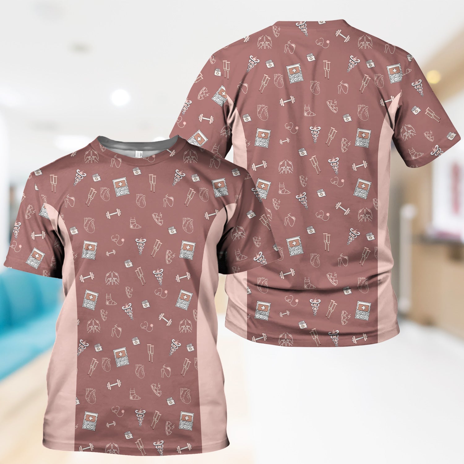 Funny Nurse Fitness Shirt - All-Over Print Medical & Gym Icons Graphic Tee - Gift for RN LPN CNA