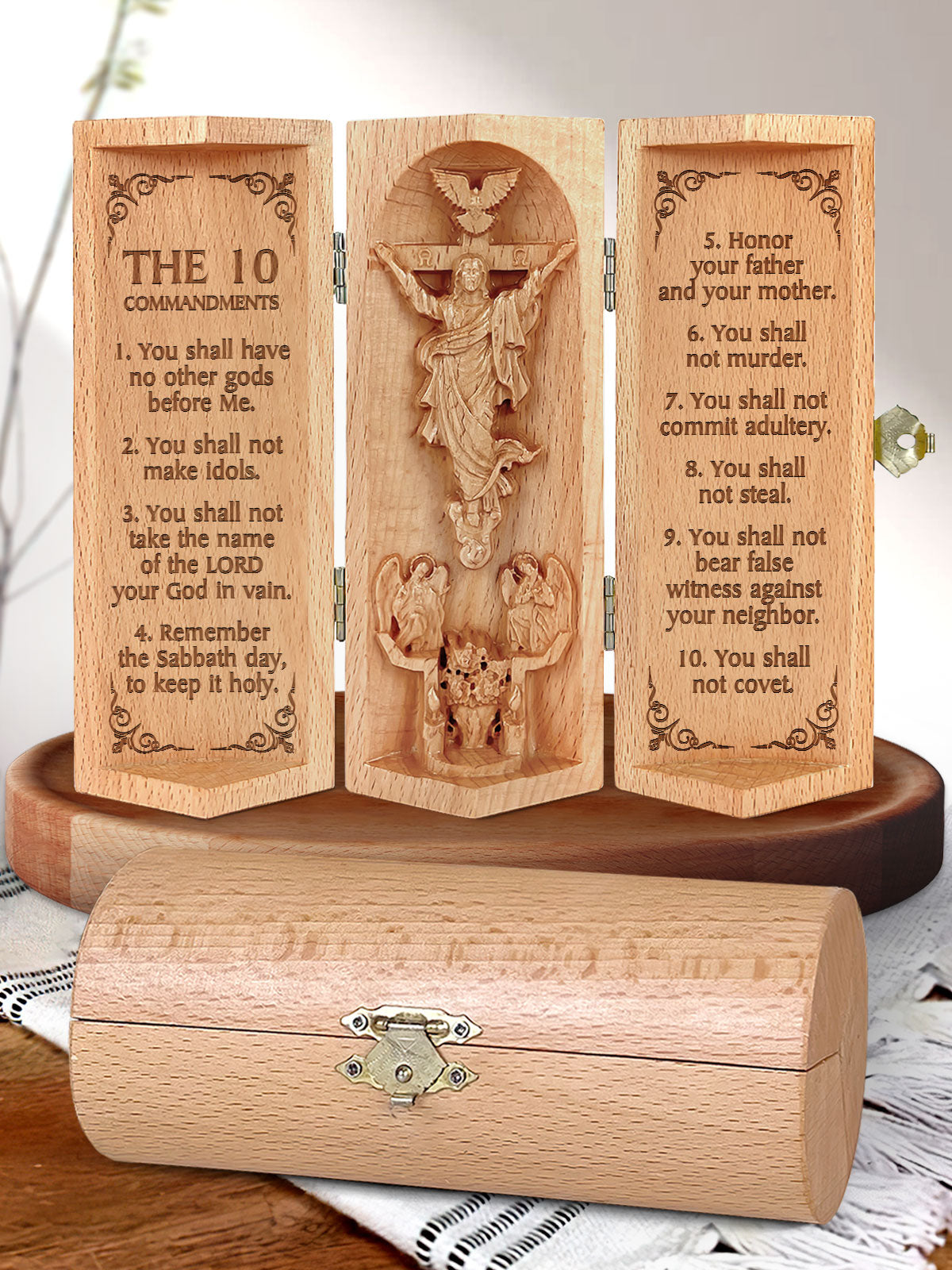 The 10 Commandments, Openable Wooden Cylinder Sculpture of Jesus Christ, Christian Gifts