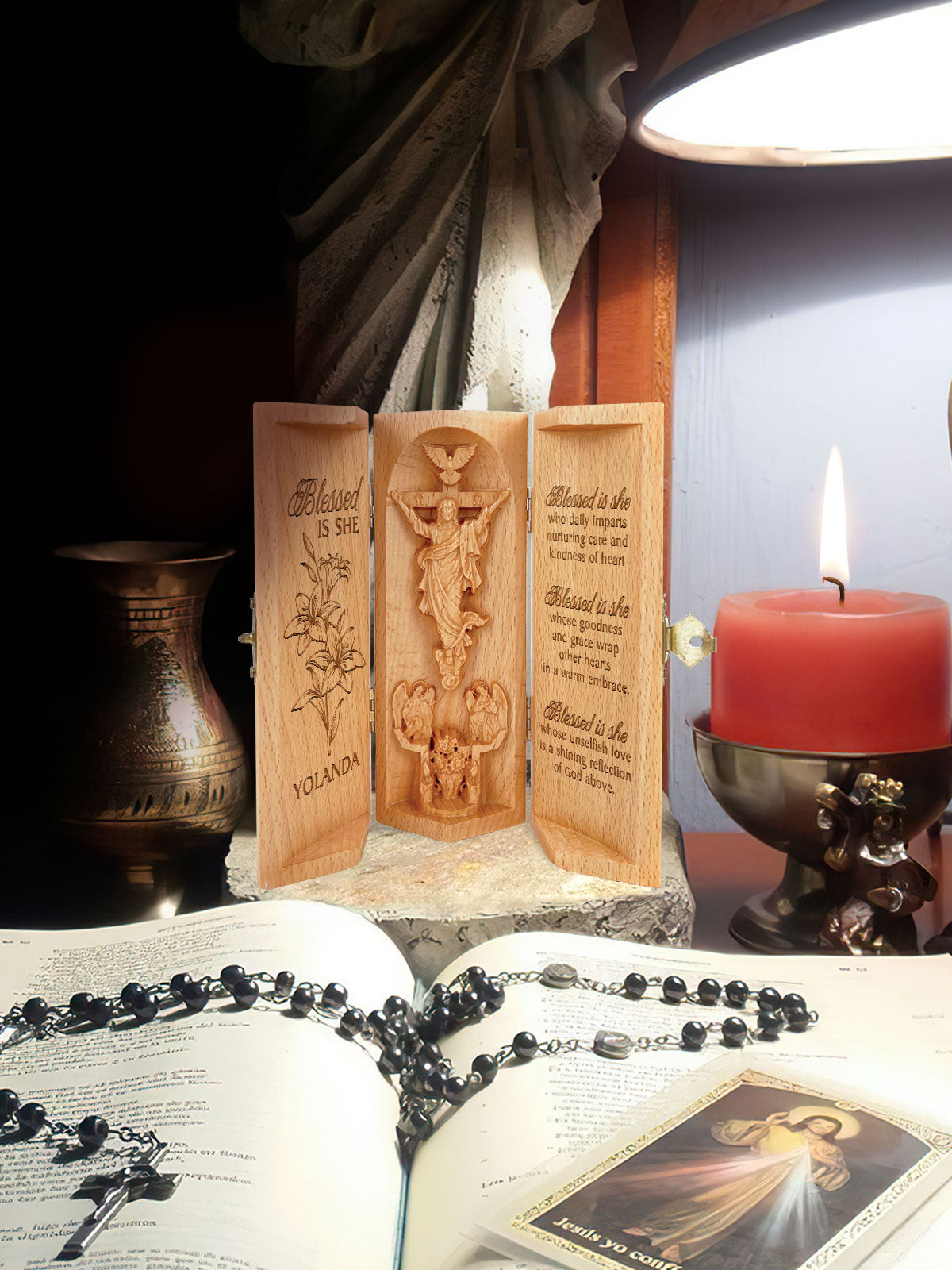 Personalized Blessed Is She Openable Wooden Cylinder Sculpture of Jesus Christ, Christian Gifts, Religious Gifts