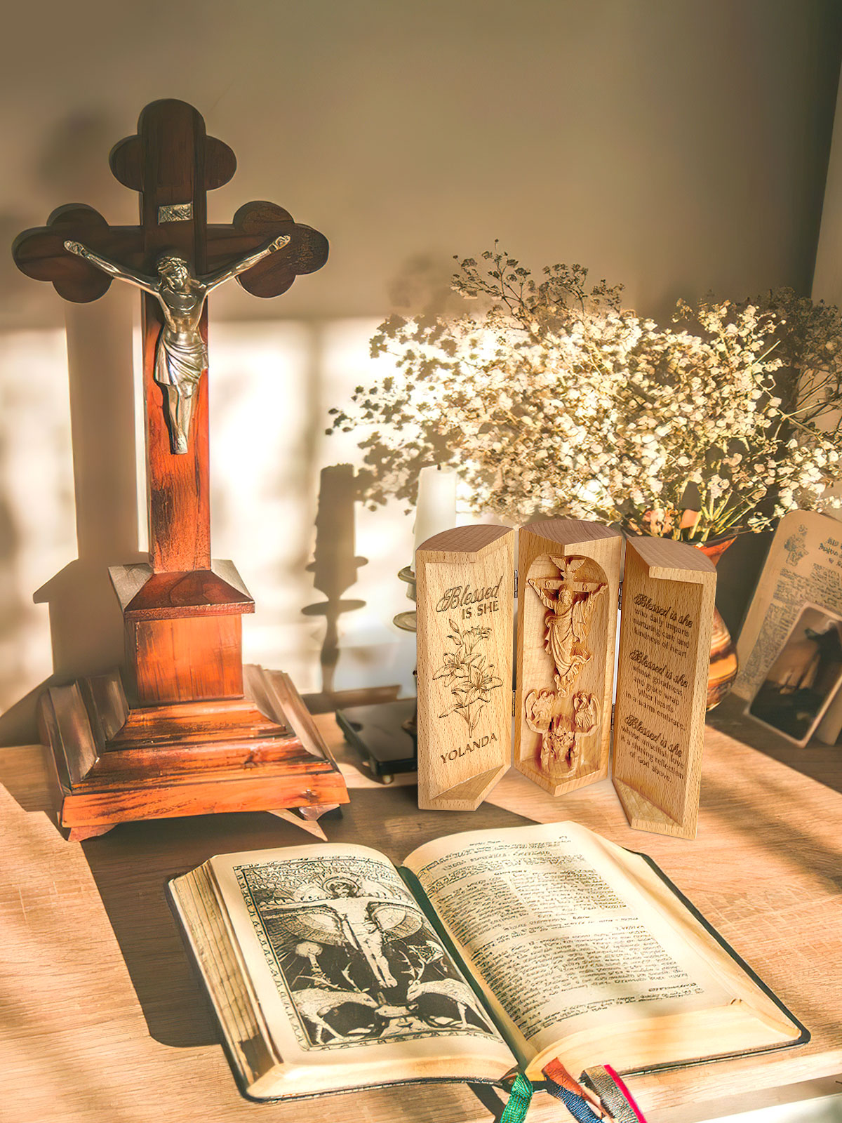 Personalized Blessed Is She Openable Wooden Cylinder Sculpture of Jesus Christ, Christian Gifts, Religious Gifts