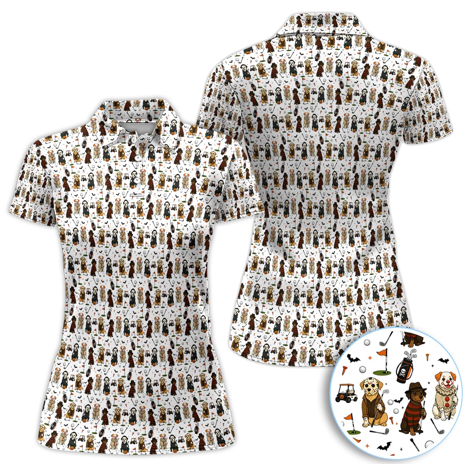 Spooky Slasher Dog Golf Pattern Shirt, Horror Pup Golf Polo For Women, Halloween Golf Lover Gift