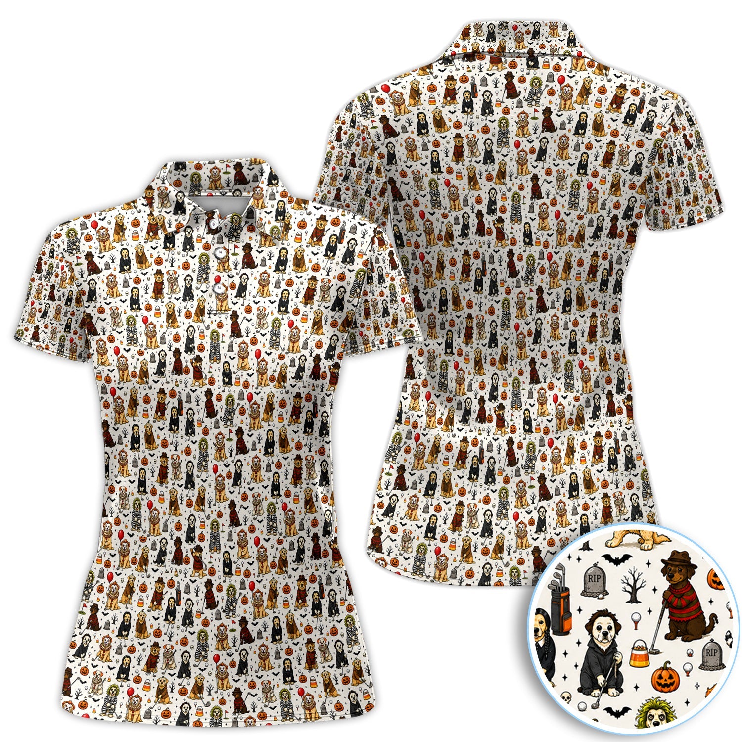 Funny Horror Dog Halloween Golf Pattern Shirt, Spooky Movie Dog Golf Shirt For Women, Halloween Golf Gift