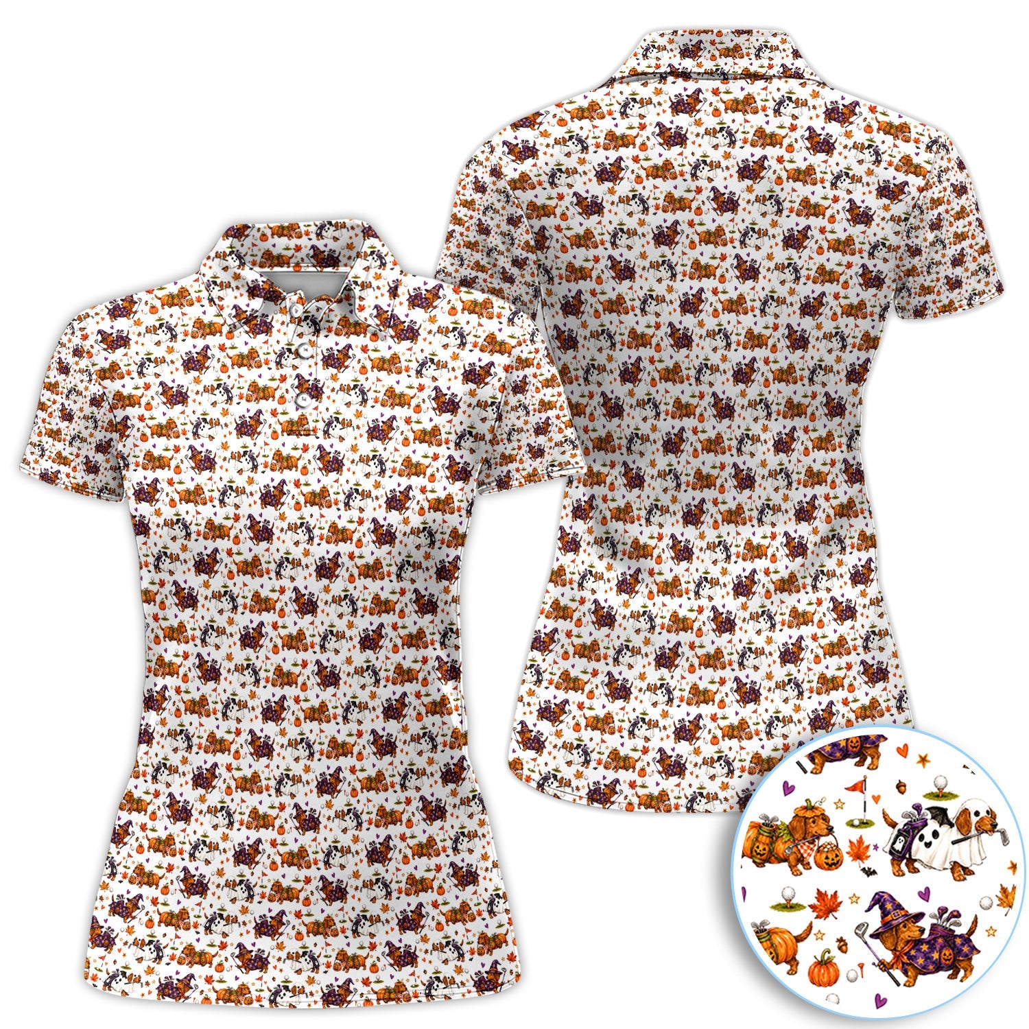 Halloween Dachshund Golf Polo Shirt for Women – Funny Spooky Wiener Dog Golfer Polo