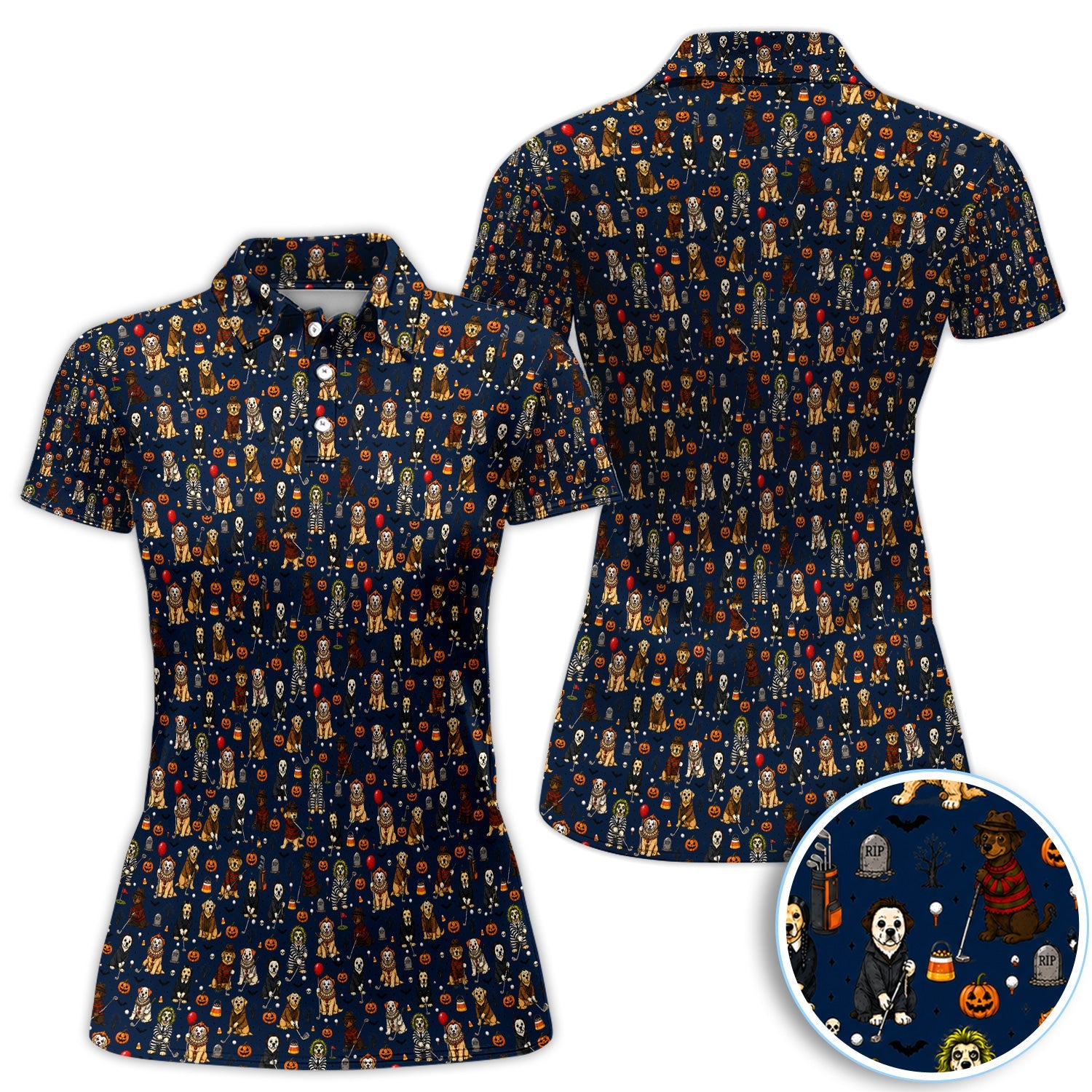 Funny Horror Dog Halloween Golf Pattern Shirt, Spooky Movie Dog Golf Shirt For Women, Halloween Golfer Gift