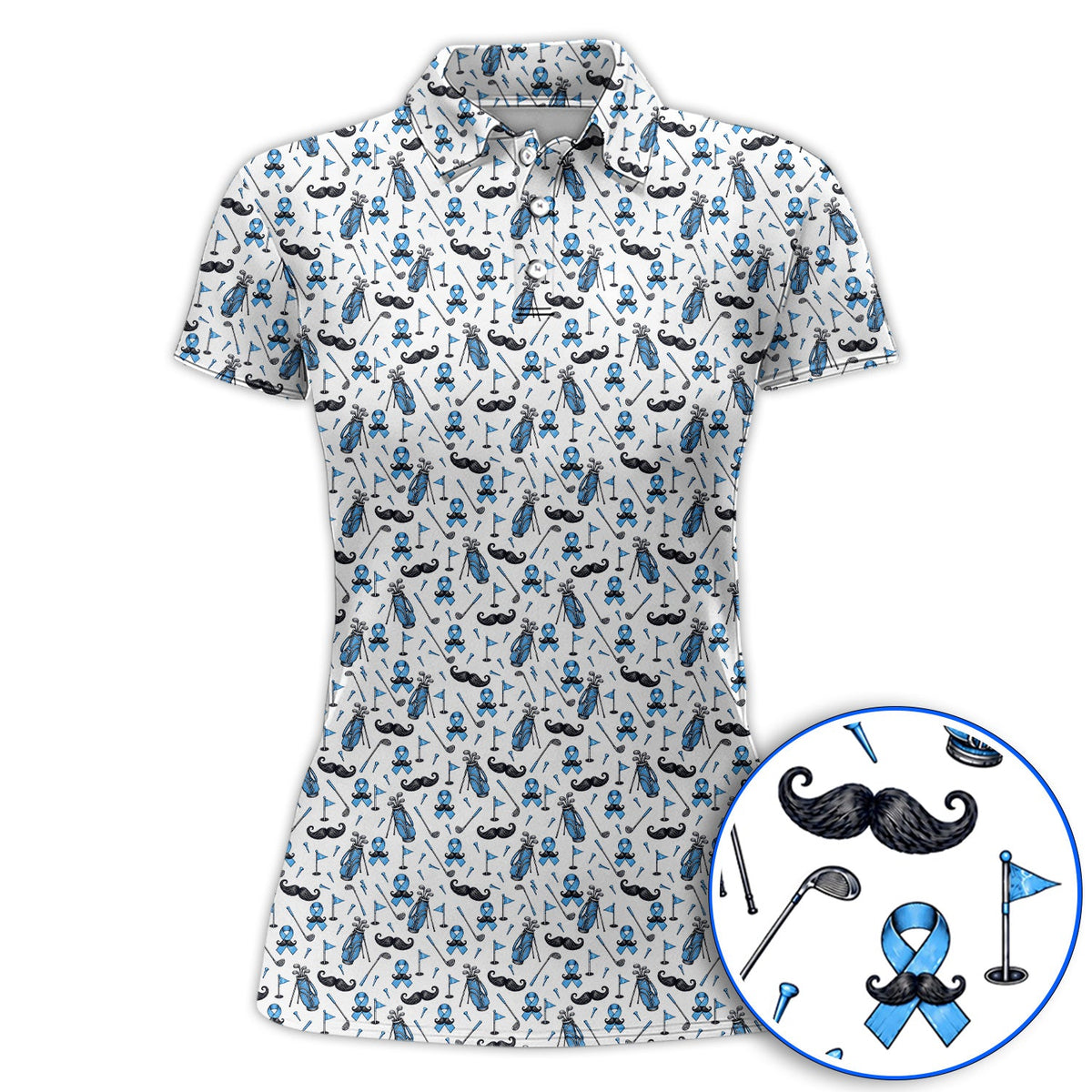 Prostate Cancer Golf Polos, Blue Ribbon Pattern Golf Shirt, Crazy Golf Gift For Golfers