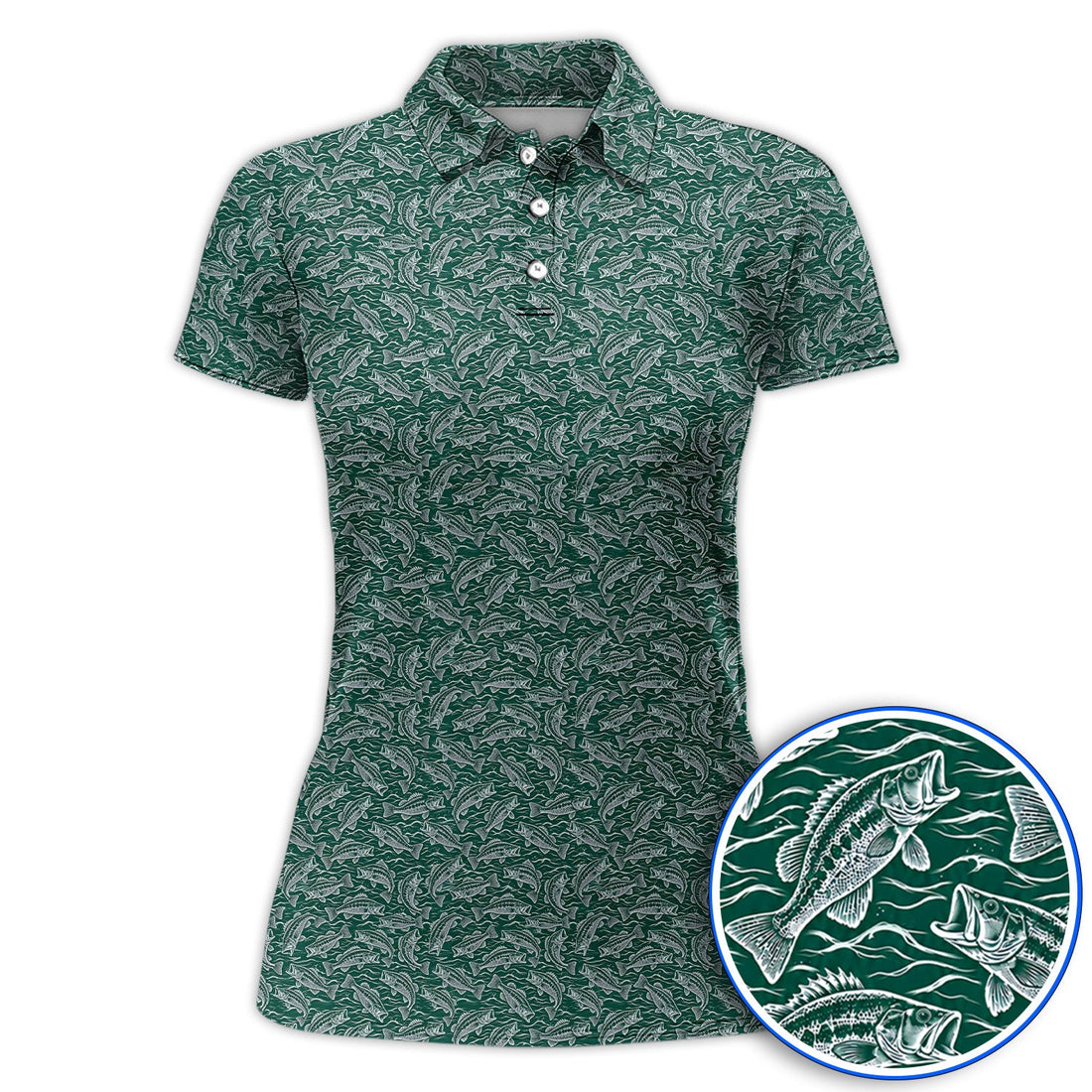 Vintage Bass Fishing Golf Polos, Forest Green Fish & Water Pattern Shirt, Golf Apparel Gift for Fishing Lovers