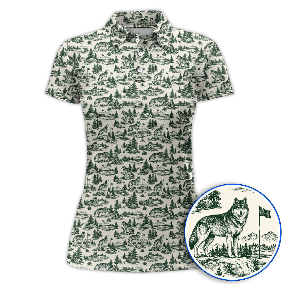 Vintage Wolf Golf Polos, Wilderness Wolf Pattern Golf Shirt, Nature Inspired Golf Gift for Golfers