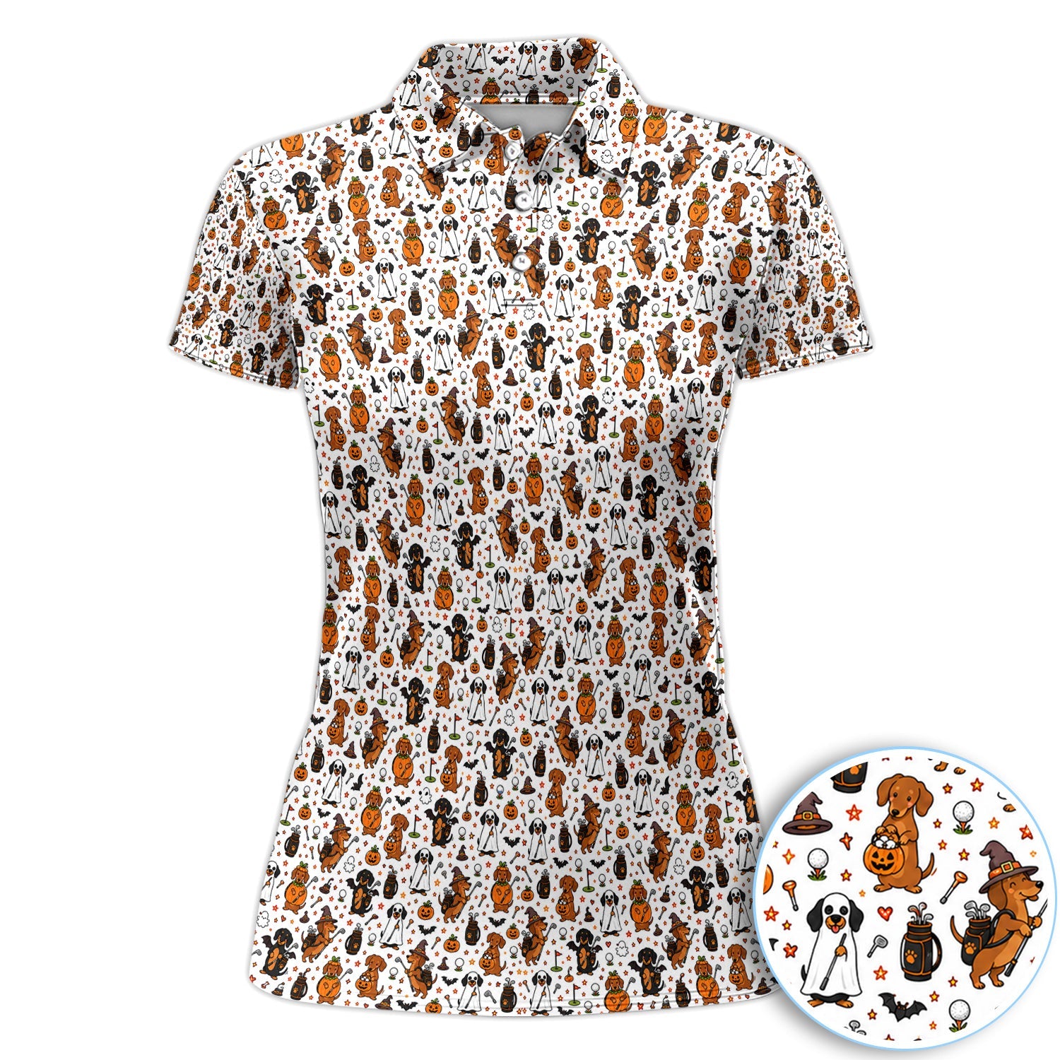 Halloween Dog Golf Polo Shirt for Women– Funny Spooky Golfer Pattern Polo